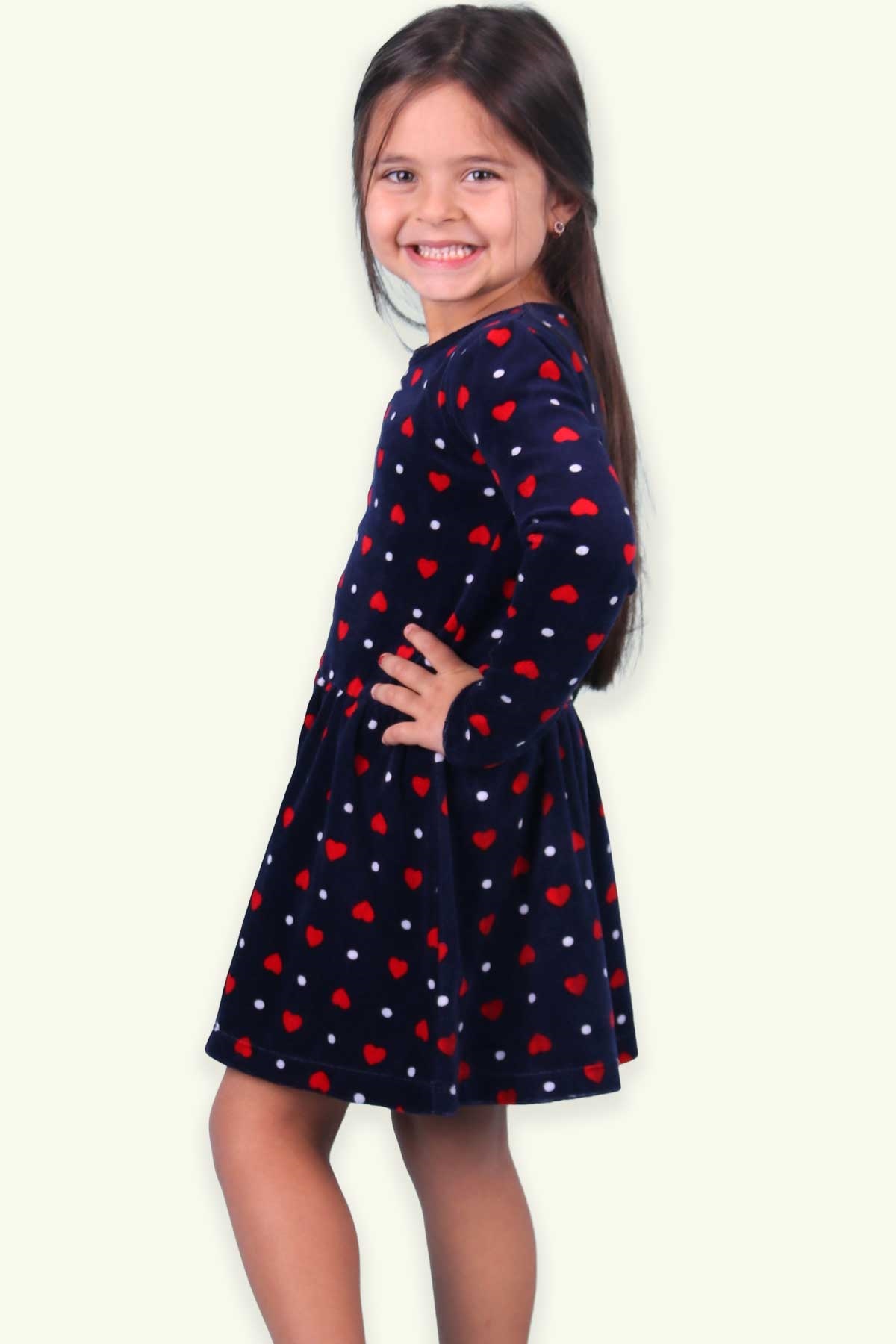 Kalp Desenli Lacivert 3-7 Yaş - Kız Çocuk Kadife Elbise