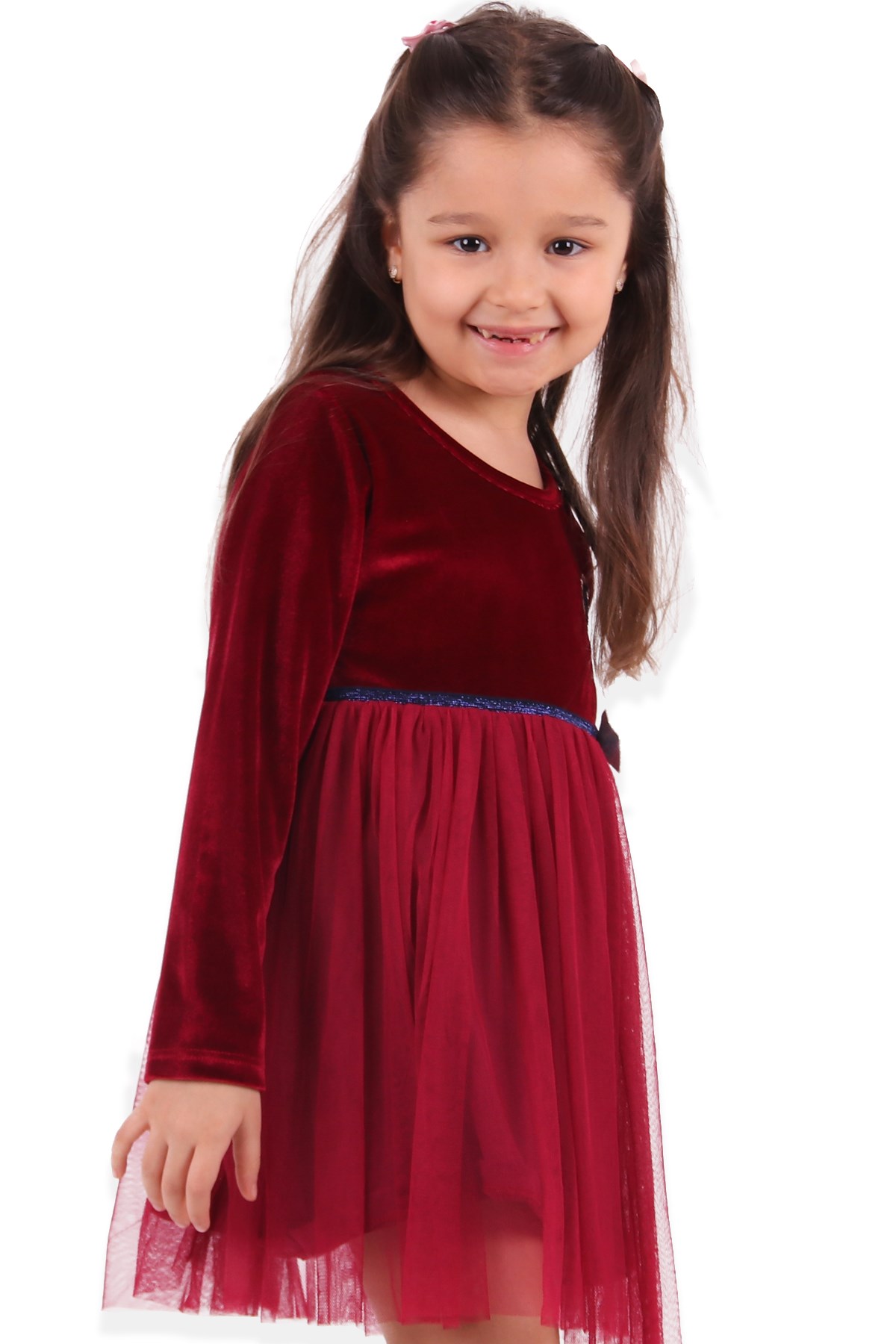 Breeze Kız Çocuk Kadife Elbise Kalpli Tüllü Bordo (1.5-5 Yaş)