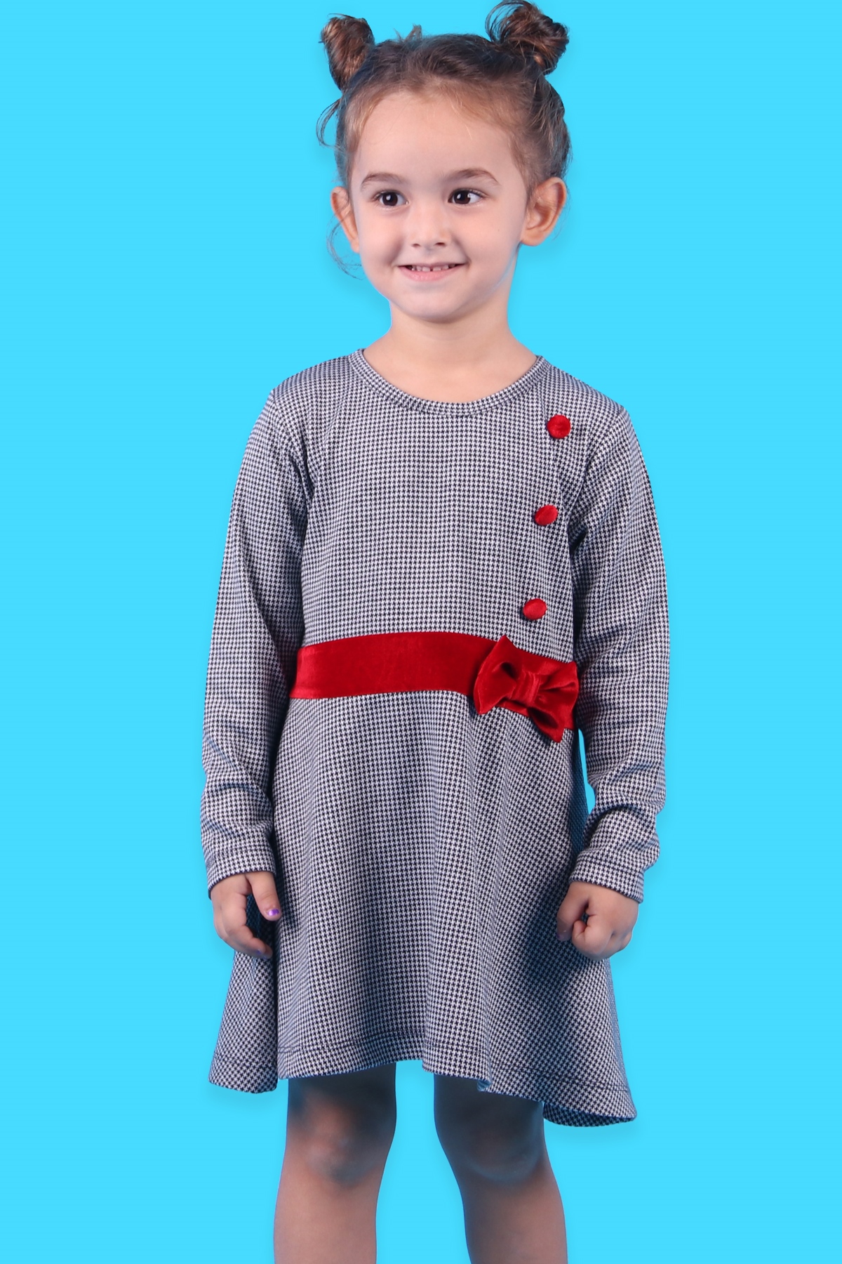 Breeze Kız Çocuk Kadife Elbise Kazayağı Desenli Fiyonklu Siyah (3-8 Yaş)