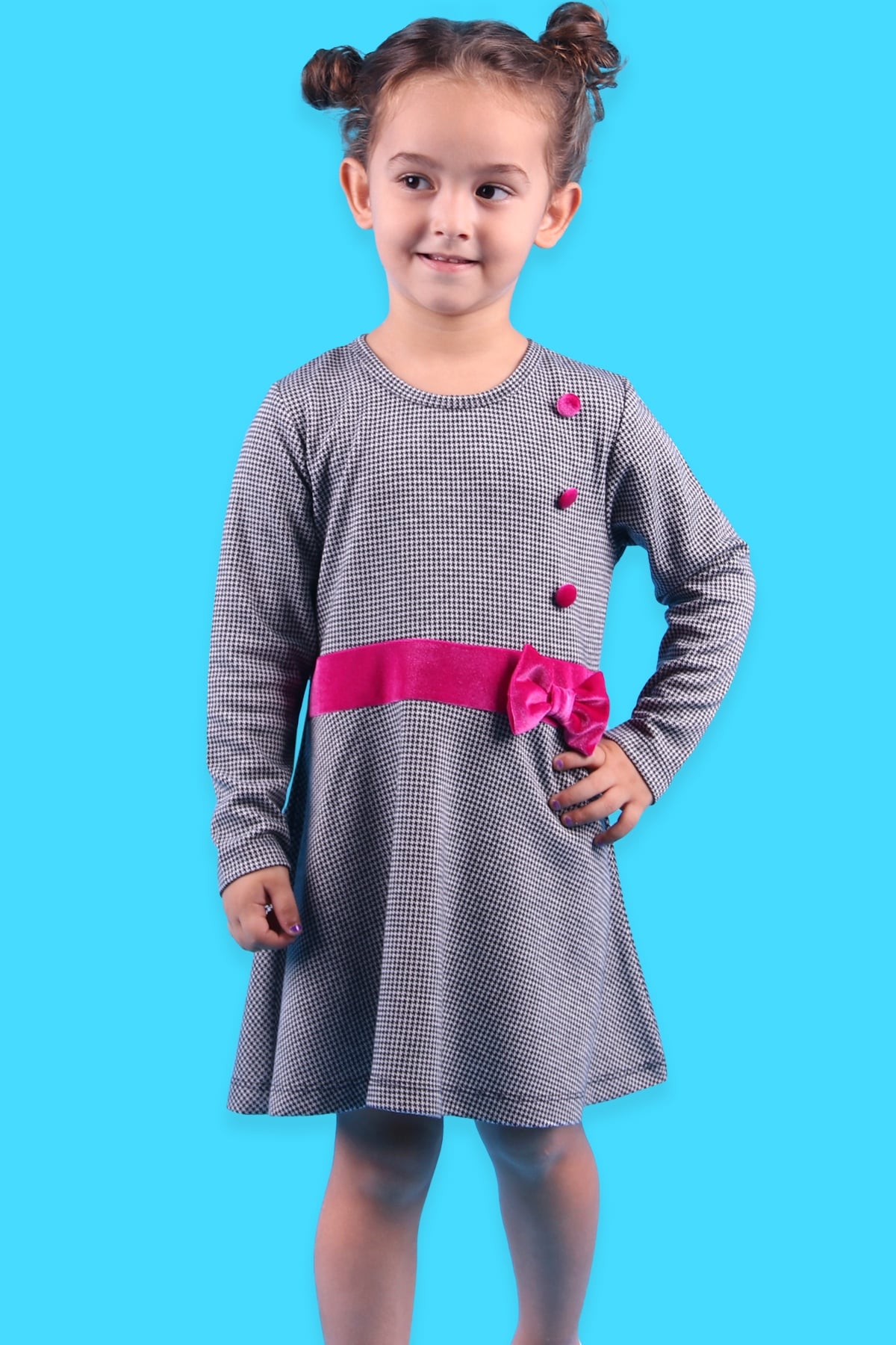 Breeze Kız Çocuk Kadife Elbise Kazayağı Desenli Fiyonklu Siyah (3-8 Yaş)