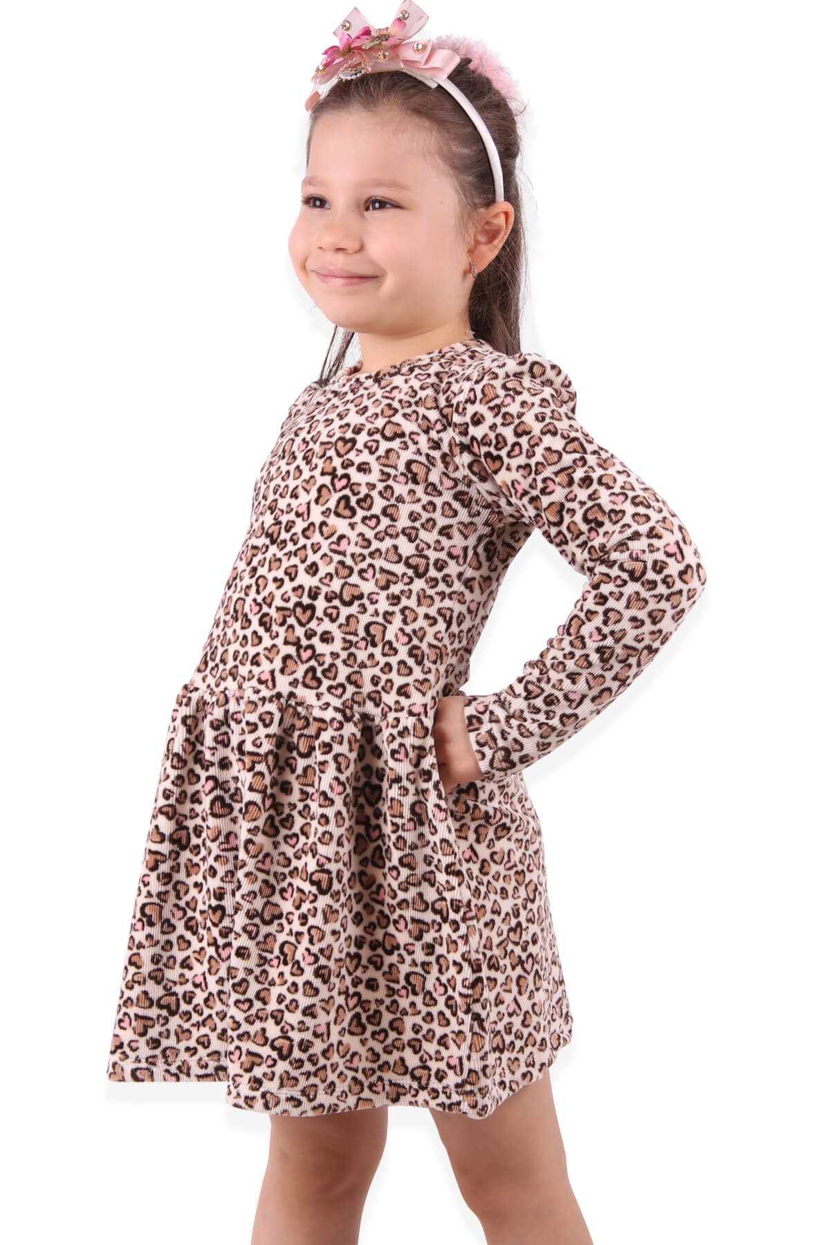 Breeze Kız Çocuk Kadife Elbise Leoparlı Kahverengi (3-7 Yaş)