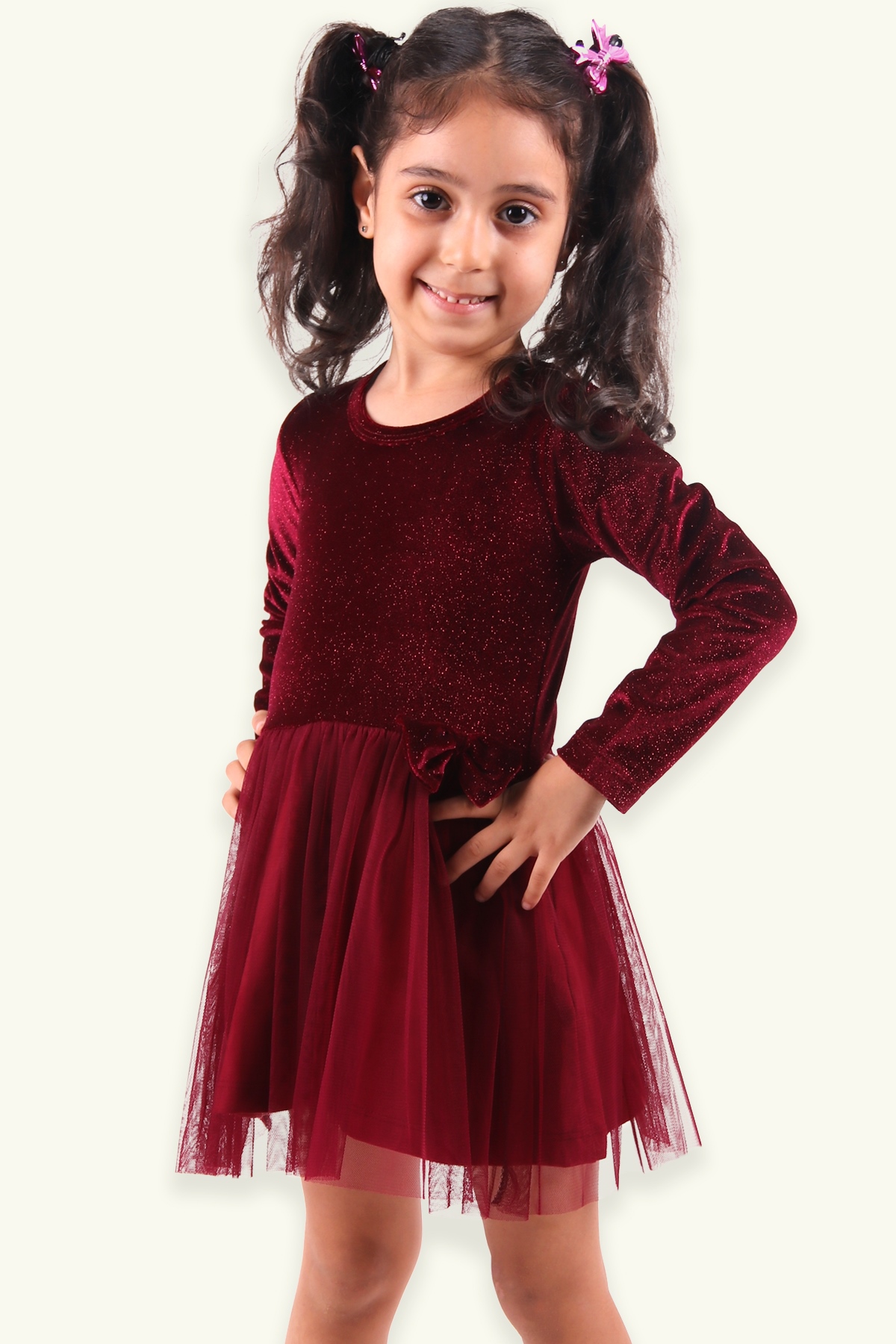 Kız Çocuk Kadife Elbise Simli - Bordo 3-8 Yaş | Breeze