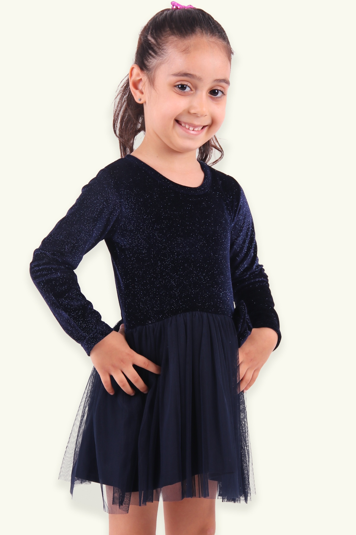 Kız Çocuk Kadife Elbise Simli - Lacivert 3-8 Yaş | Breeze