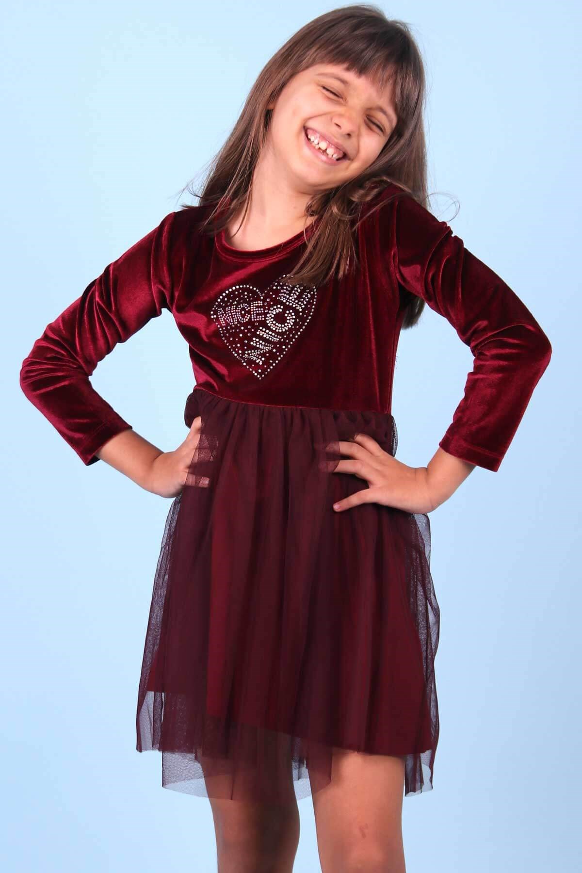 Breeze Kız Çocuk Kadife Elbise Taşlı Bordo (5-10 Yaş)