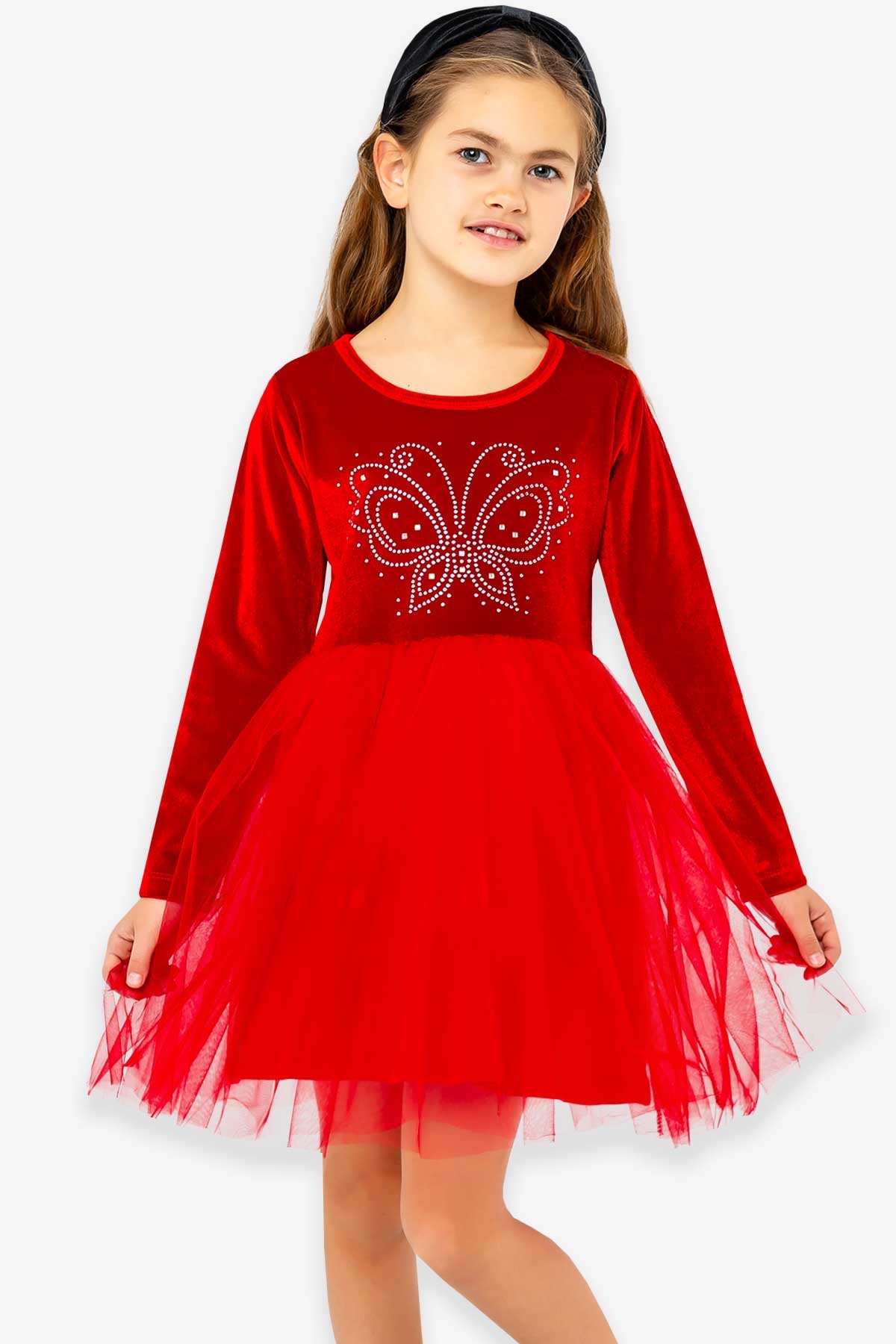 Kız Çocuk Kadife Elbise - Taşlı Kırmızı 4-9 Yaş | Breeze