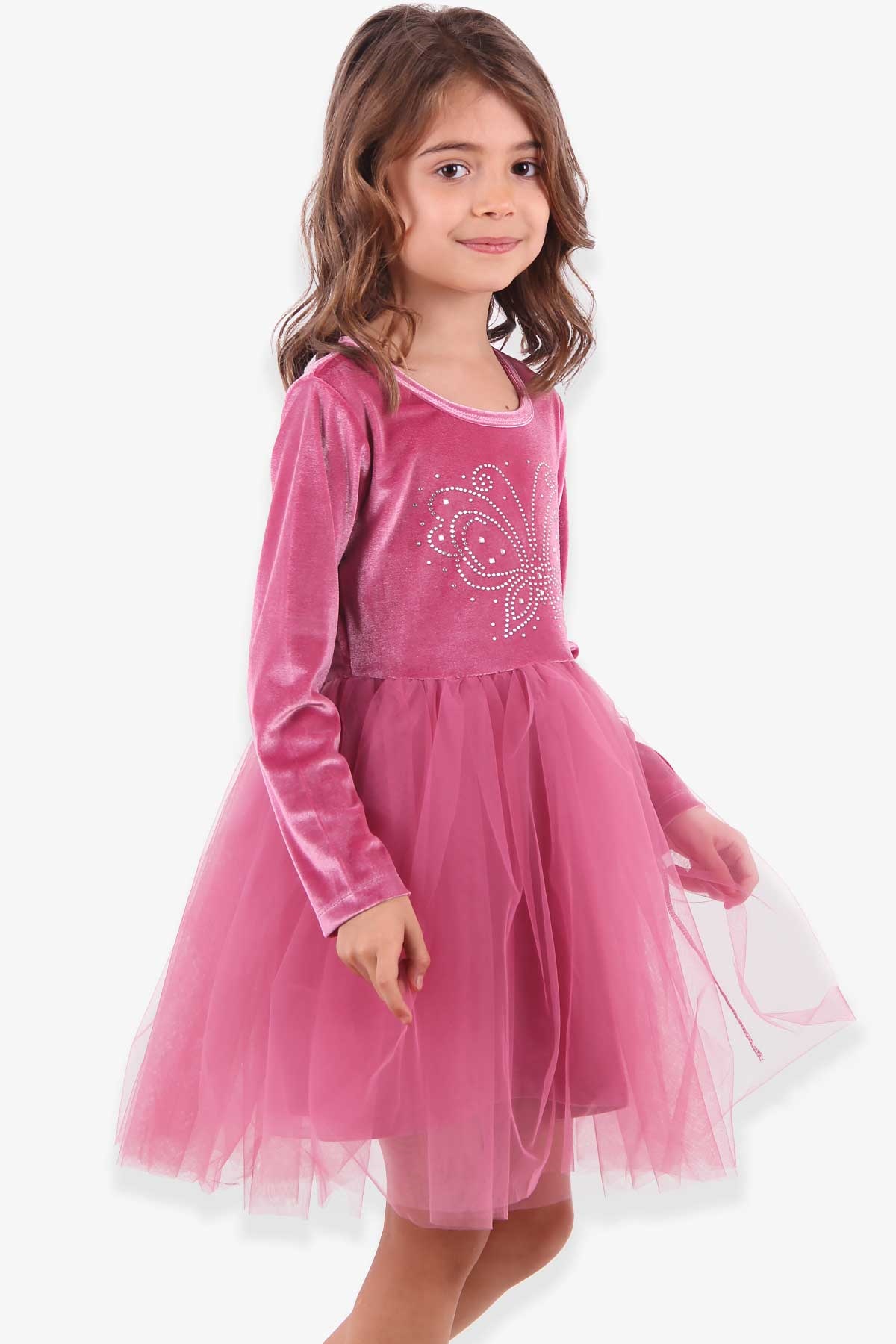 Kız Çocuk Kadife Elbise - Taşlı Pembe 4-9 Yaş | Breeze