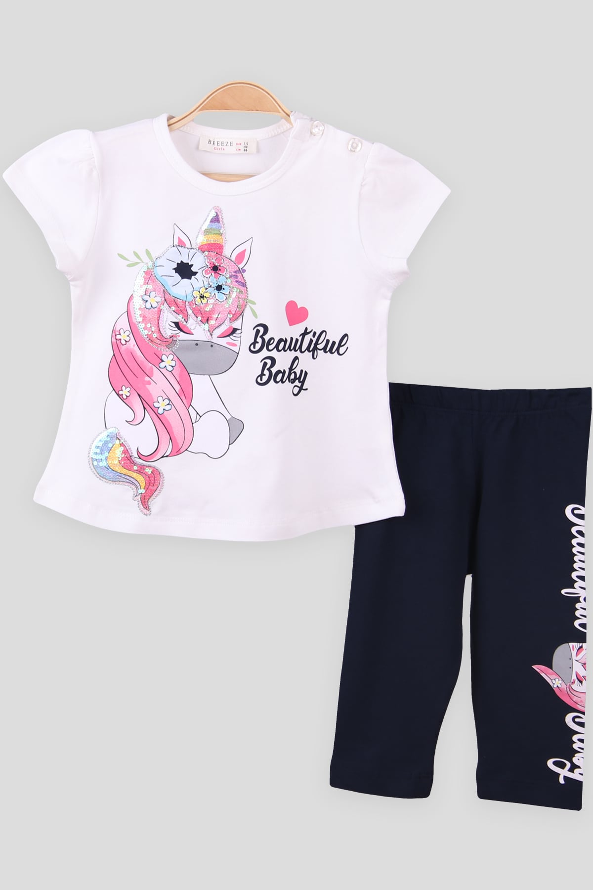 Breeze Kız Çocuk Kapri Takım Pullu Unicornlu Ekru (1.5-5 Yaş)