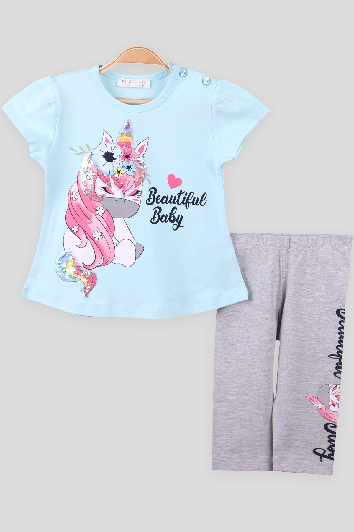 Breeze Kız Çocuk Kapri Takım Pullu Unicornlu Turkuaz (1.5-5 Yaş)
