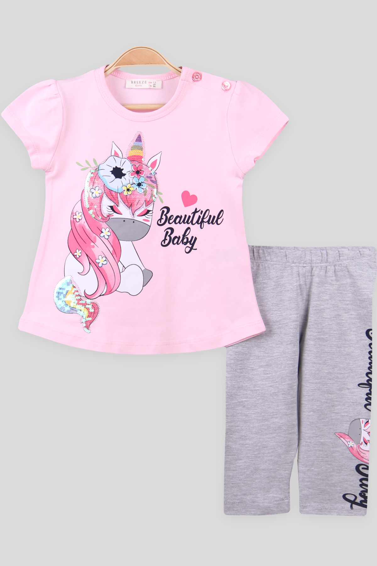 Breeze Kız Çocuk Kapri Takım Pullu Unicornlu Pembe (1.5-5 Yaş)
