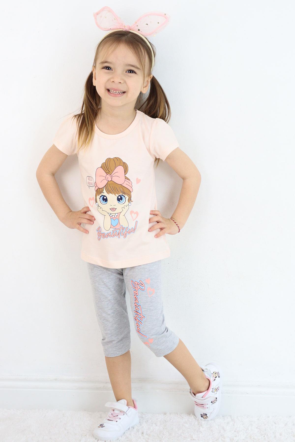 Breeze Kız Çocuk Kapri Tayt Takım Güzel Kız Baskılı Pudra (1.5-5 Yaş)