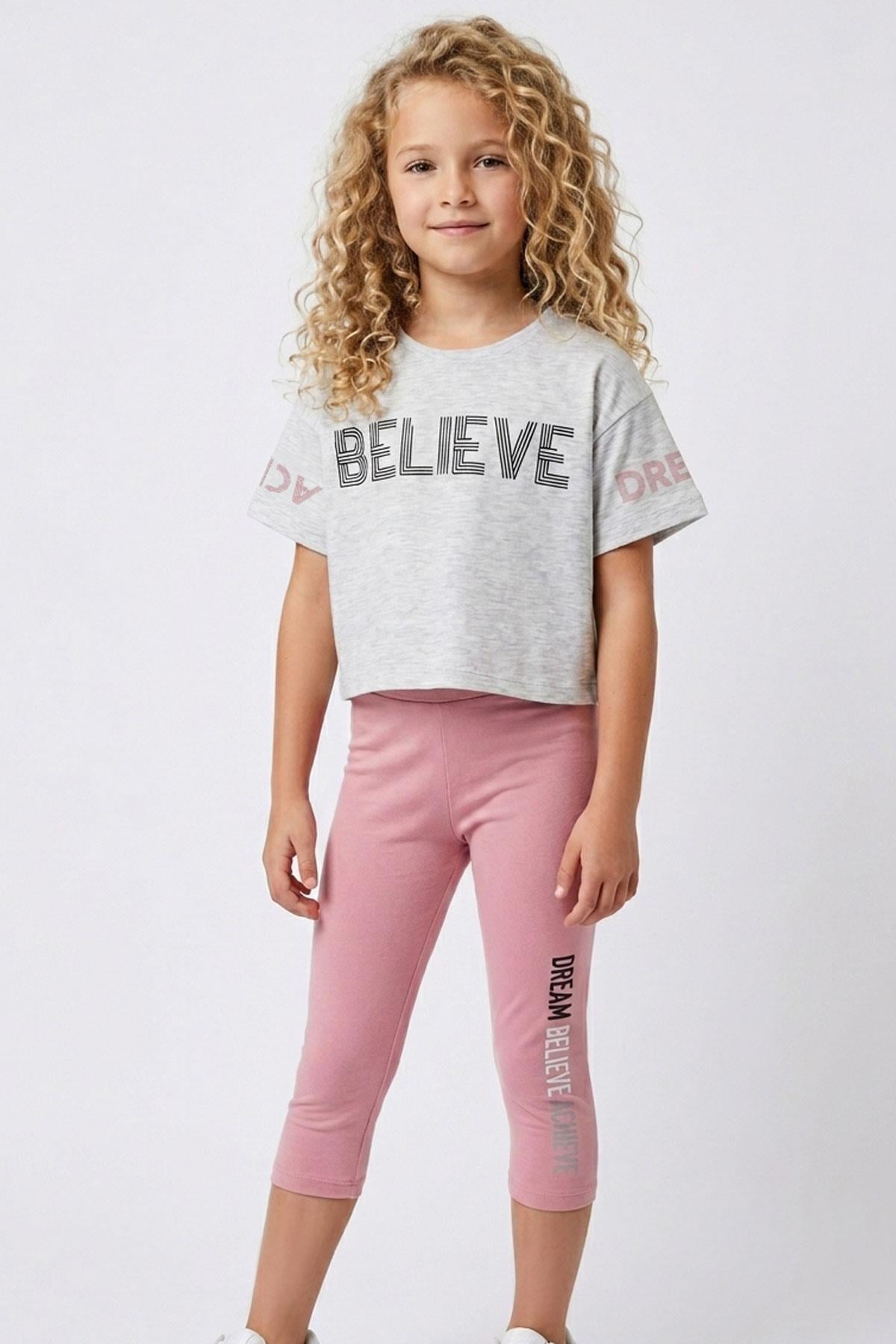 Breeze Kız Çocuk Kapri Taytlı Crop Takım Yazı Baskılı Açık Gri Melanj (8-12 Yaş)