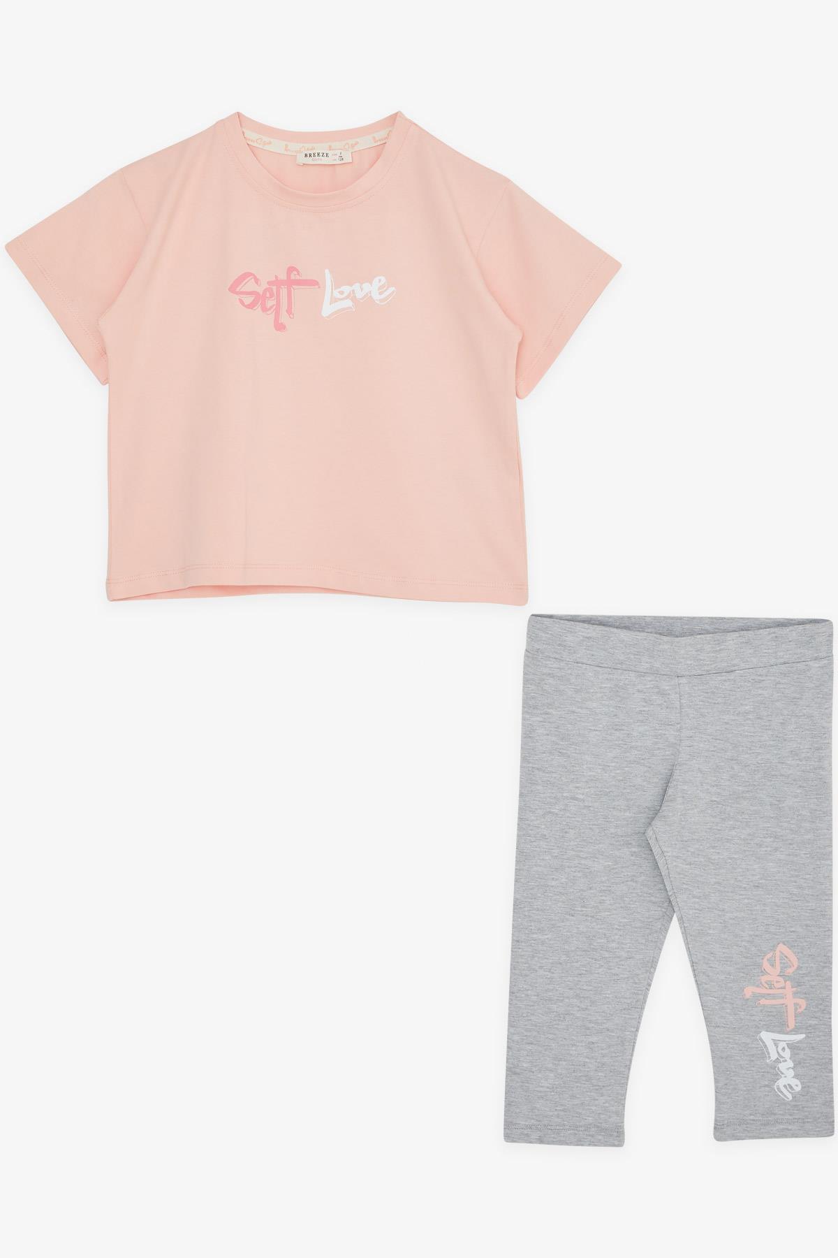Breeze Kız Çocuk Kapri Taytlı Crop Takım Simli Ayıcık Baskılı Somon (6-10 Yaş)