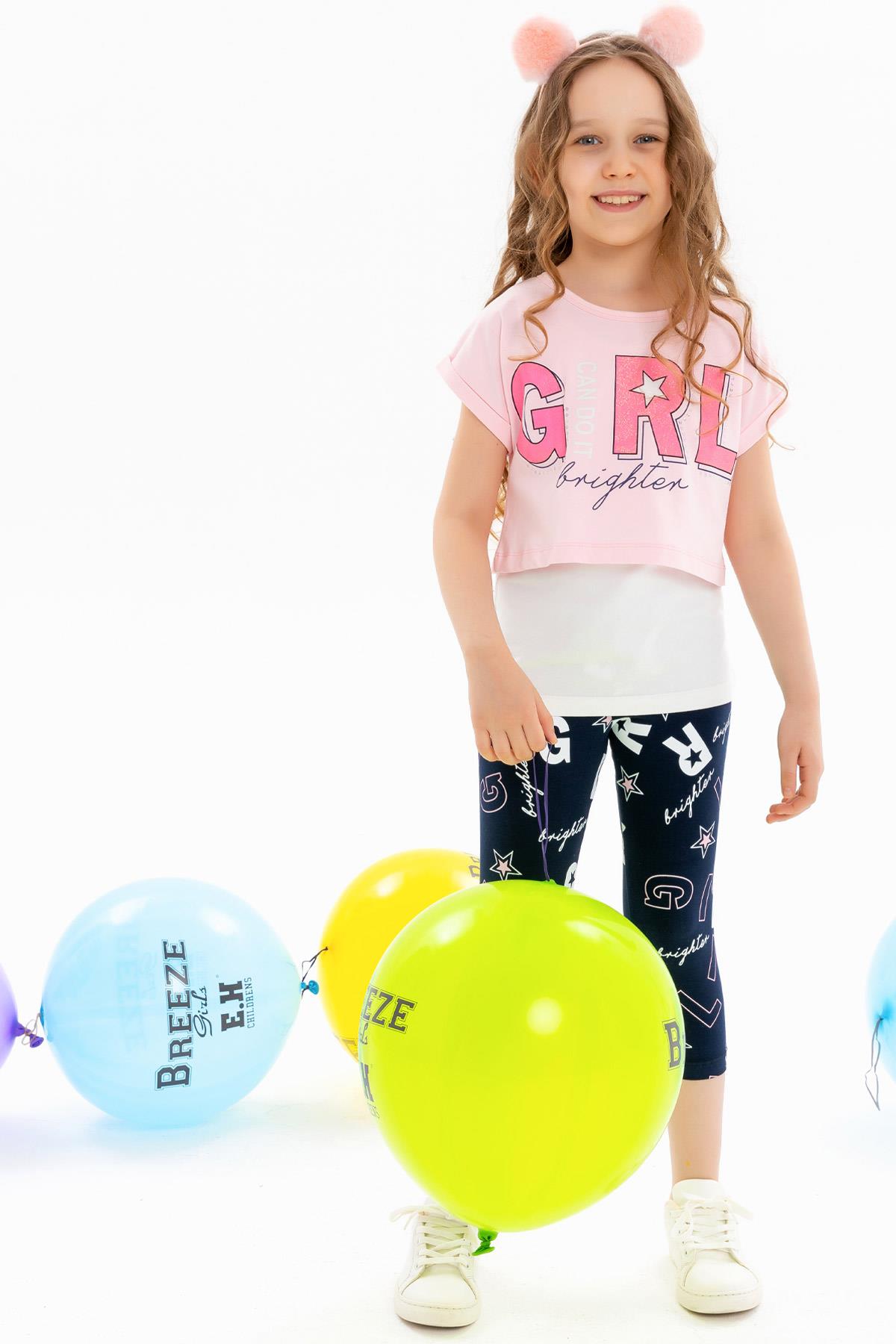 Breeze Kız Çocuk Kapri Taytlı Takım 3 lü Baskılı Pudra (7 Yaş)