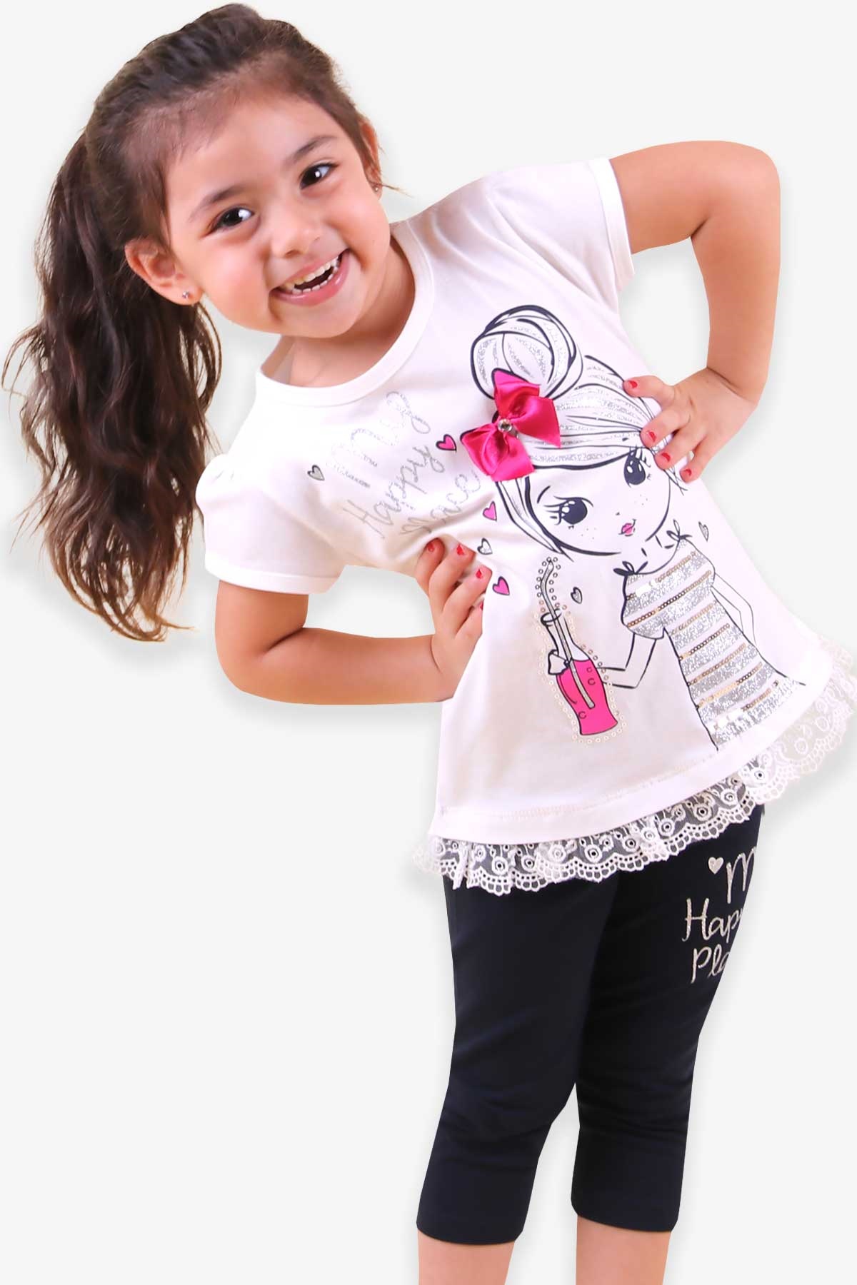 Breeze Kız Çocuk Kapri Taytlı Takım Altı Güpürlü Pullu Ekru (3 Yaş)