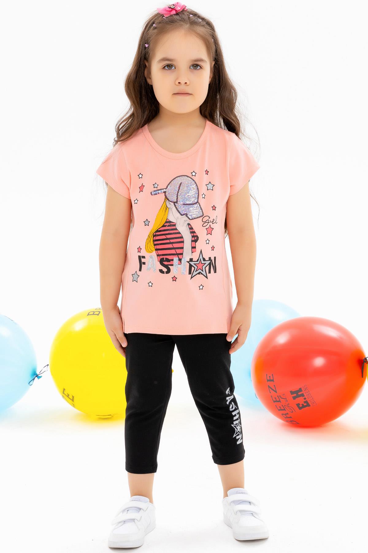 Breeze Kız Çocuk Kapri Taytlı Takım Baskılı Pullu Somon (6-10 Yaş)