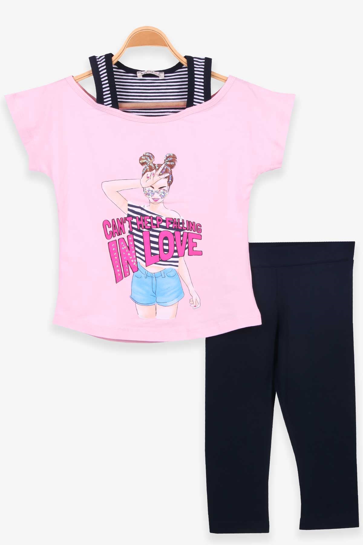 Breeze Kız Çocuk Kapri Taytlı Takım Baskılı Pullu Pudra (6-12 Yaş)
