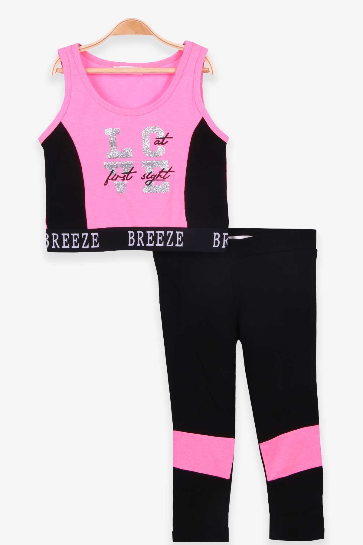 Breeze Kız Çocuk Kapri Taytlı Takım Baskılı Şeritli Neon Pembe (8-14 Yaş)
