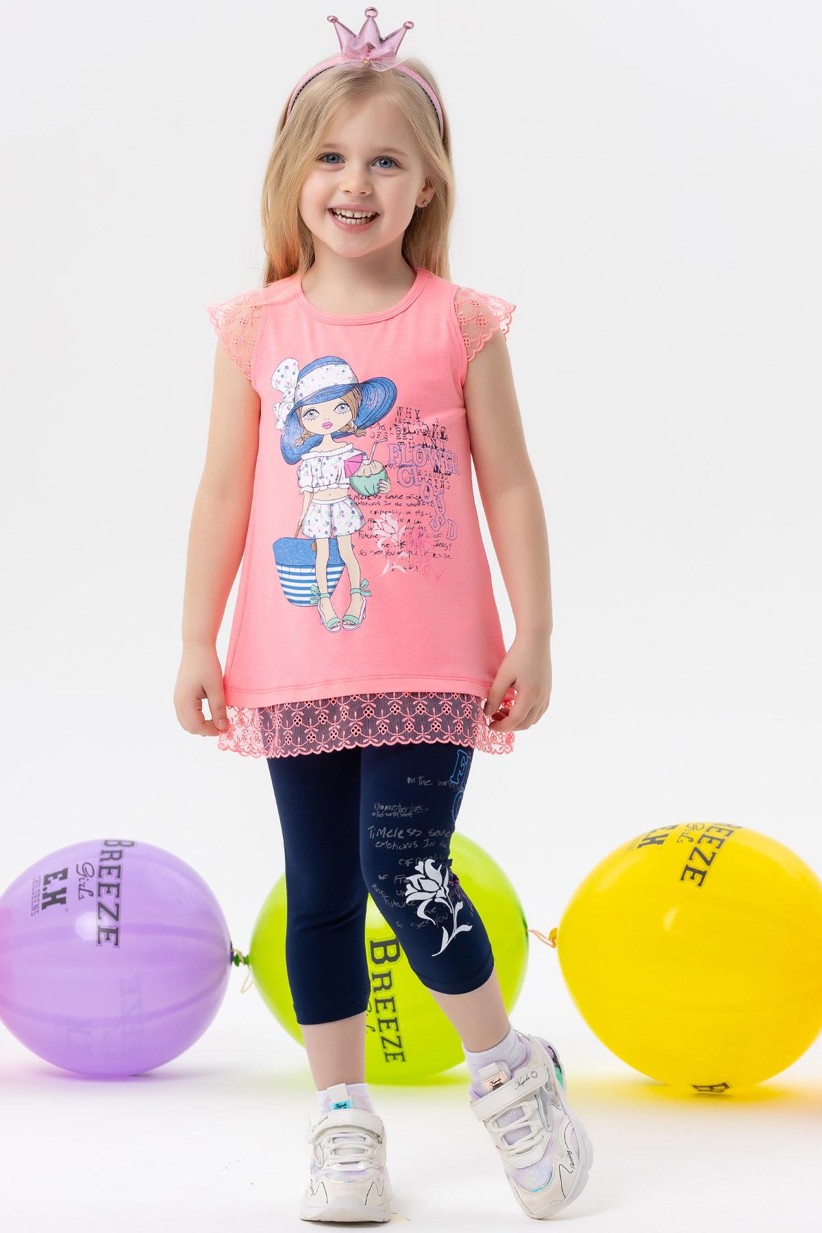 Breeze Kiz Çocuk Kapri Taytli Takim Baskili Neon Pembe (2-3 Yaş)