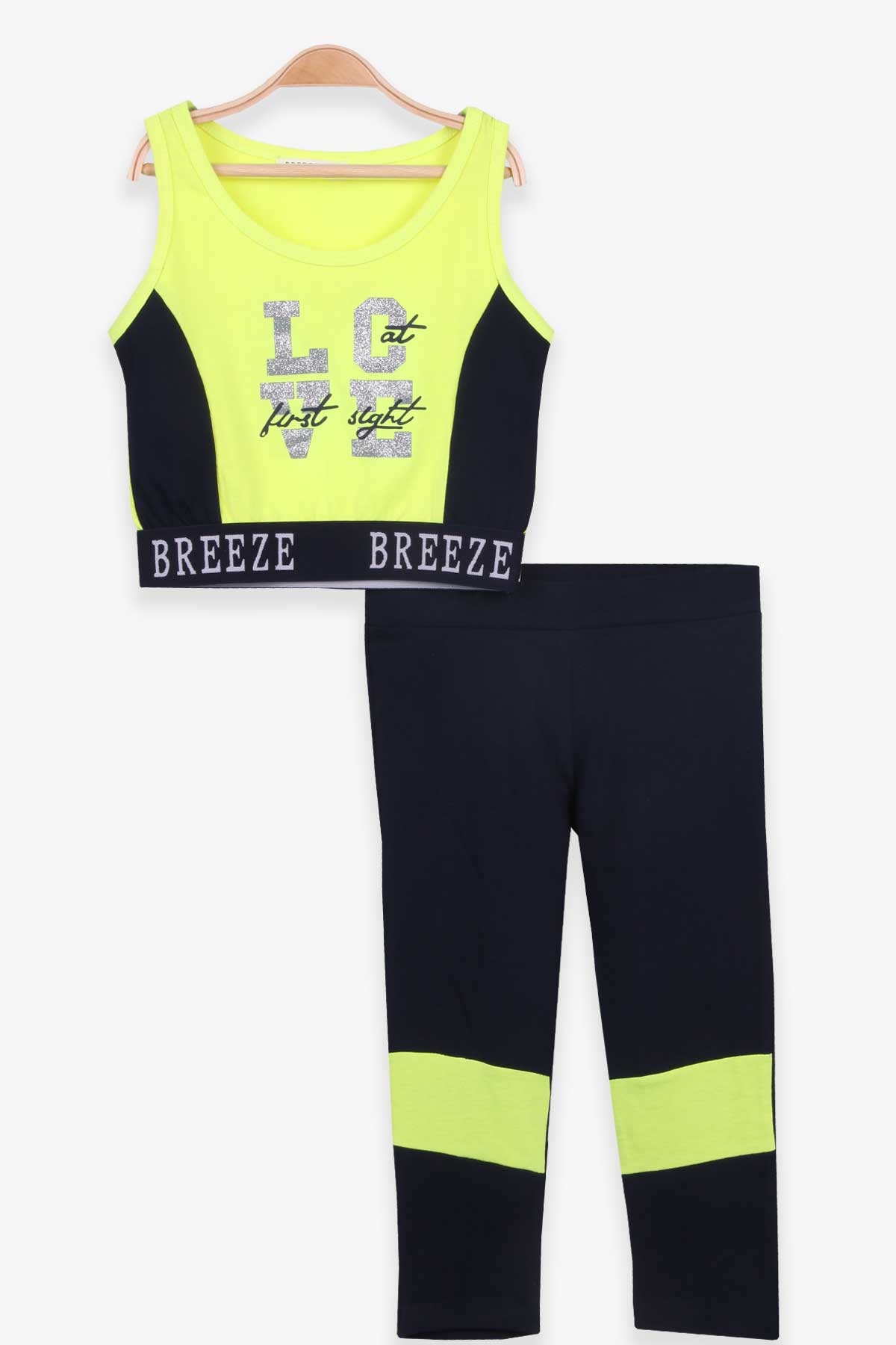 Breeze Kız Çocuk Kapri Taytlı Takım Baskılı Şeritli Neon Yeşil (8-14 Yaş)