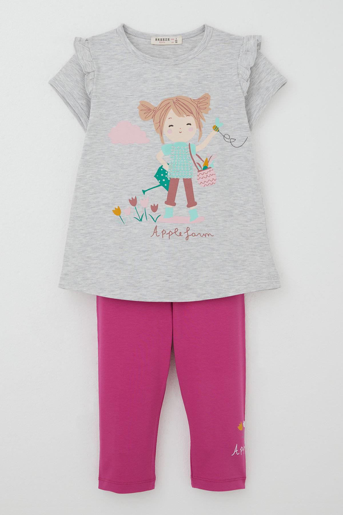 Breeze Kız Çocuk Kapri Taytlı Takım Çifti Kız Baskılı Açık Gri Melanj (1-4 Yaş)