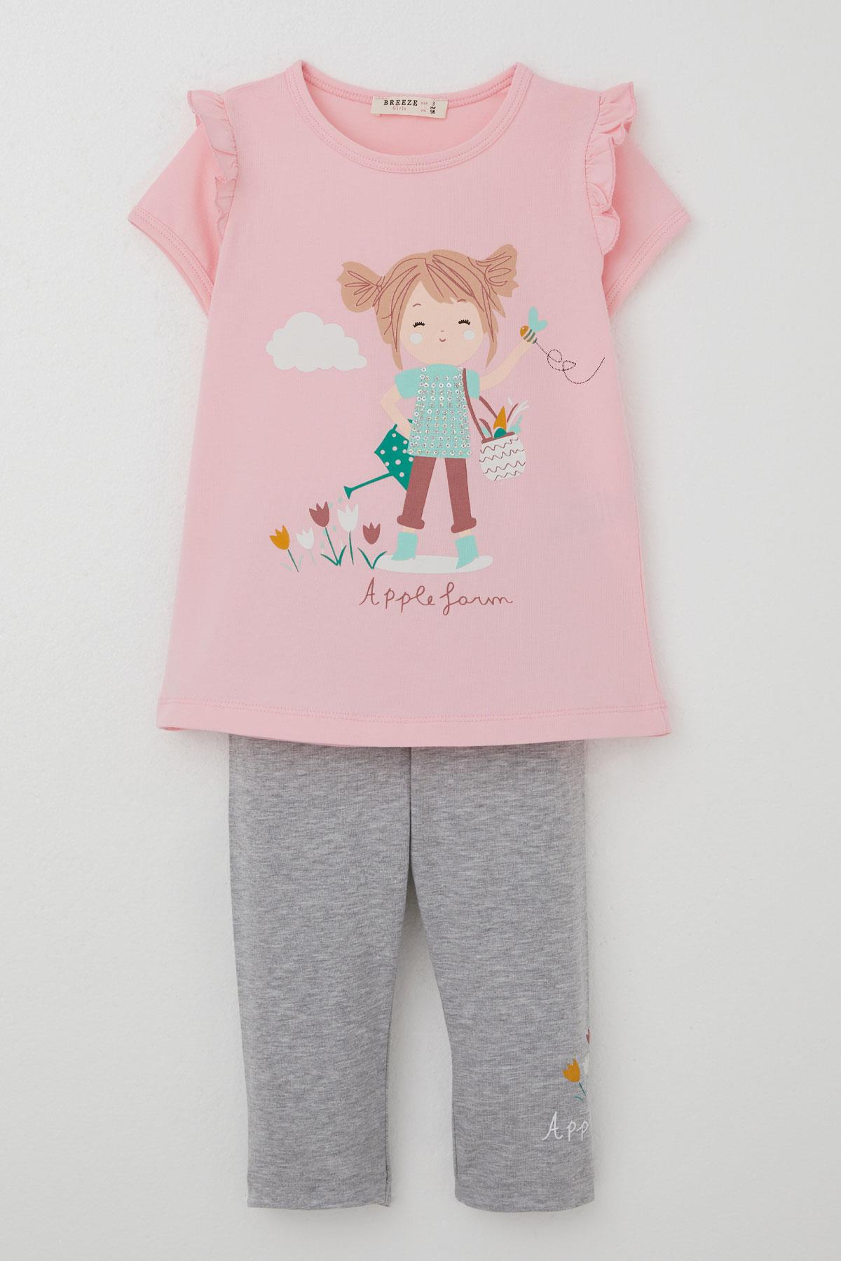 Breeze Kız Çocuk Kapri Taytlı Takım Çiftçi Kız Baskılı Pembe (1-4 Yaş)