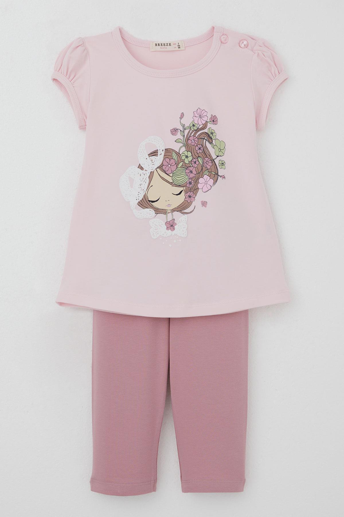 Breeze Kız Çocuk Kapri Taytlı Takım Çiçekli Kız Baskılı Pembe (1.5-5 Yaş)