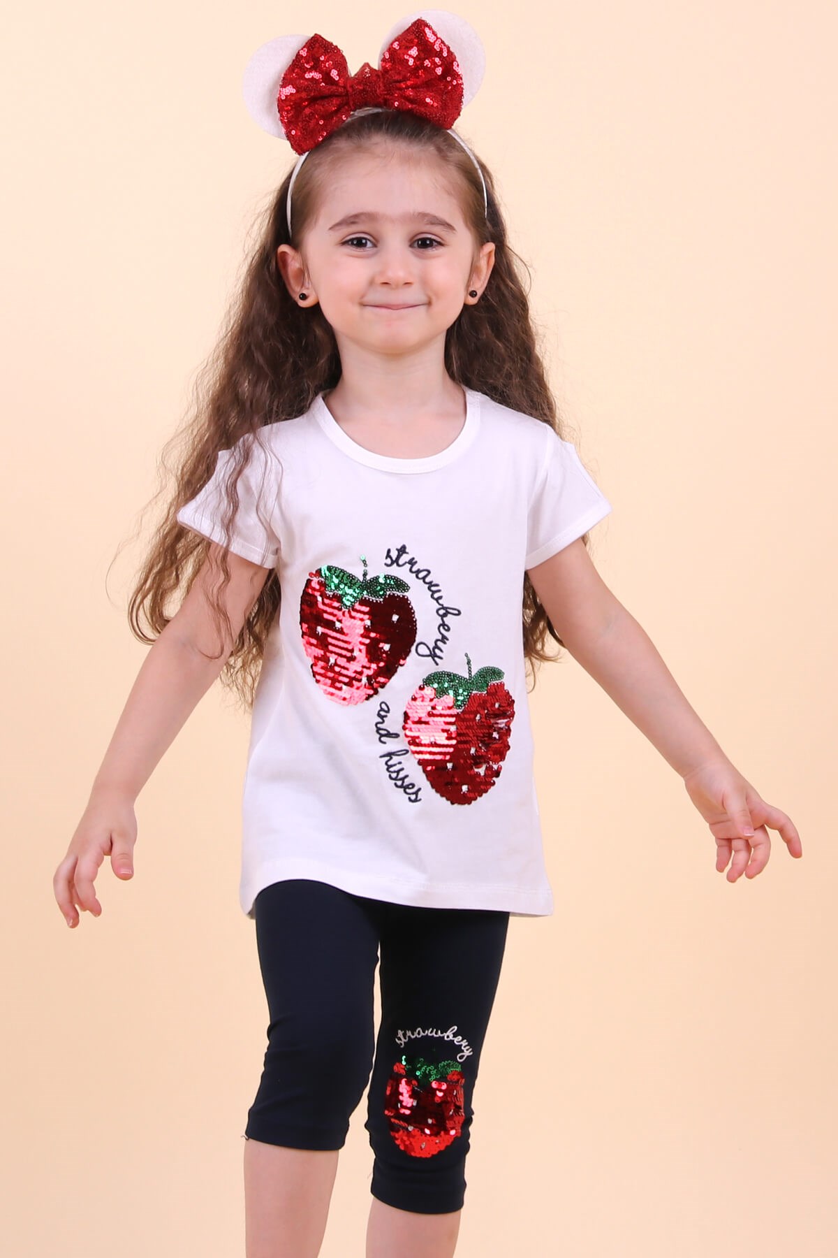 Breeze Kız Çocuk Kapri Taytlı Takım Çileği Pullu  Beyaz (3-8 Yaş)