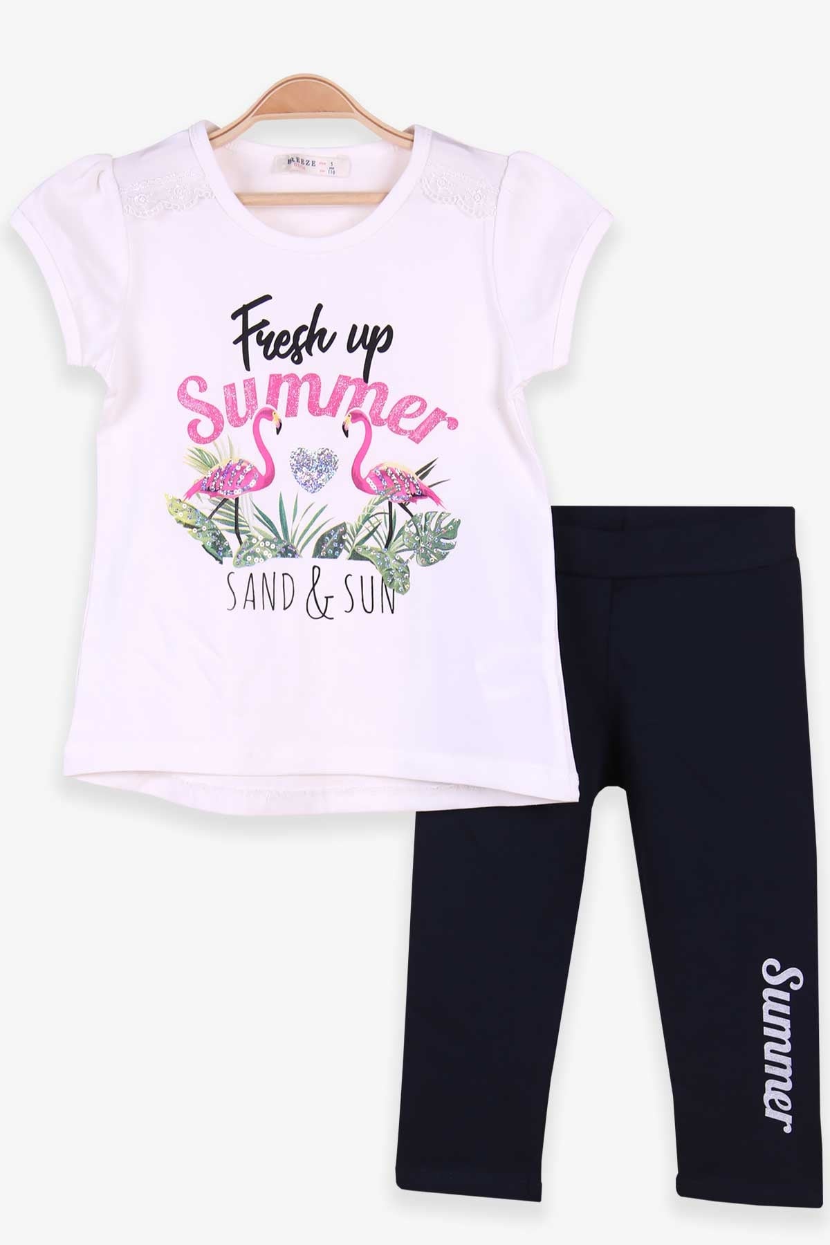 Breeze Kız Çocuk Kapri Taytlı Takım Flamingosu Pullu Yazısı Simli Ekru (5 Yaş)