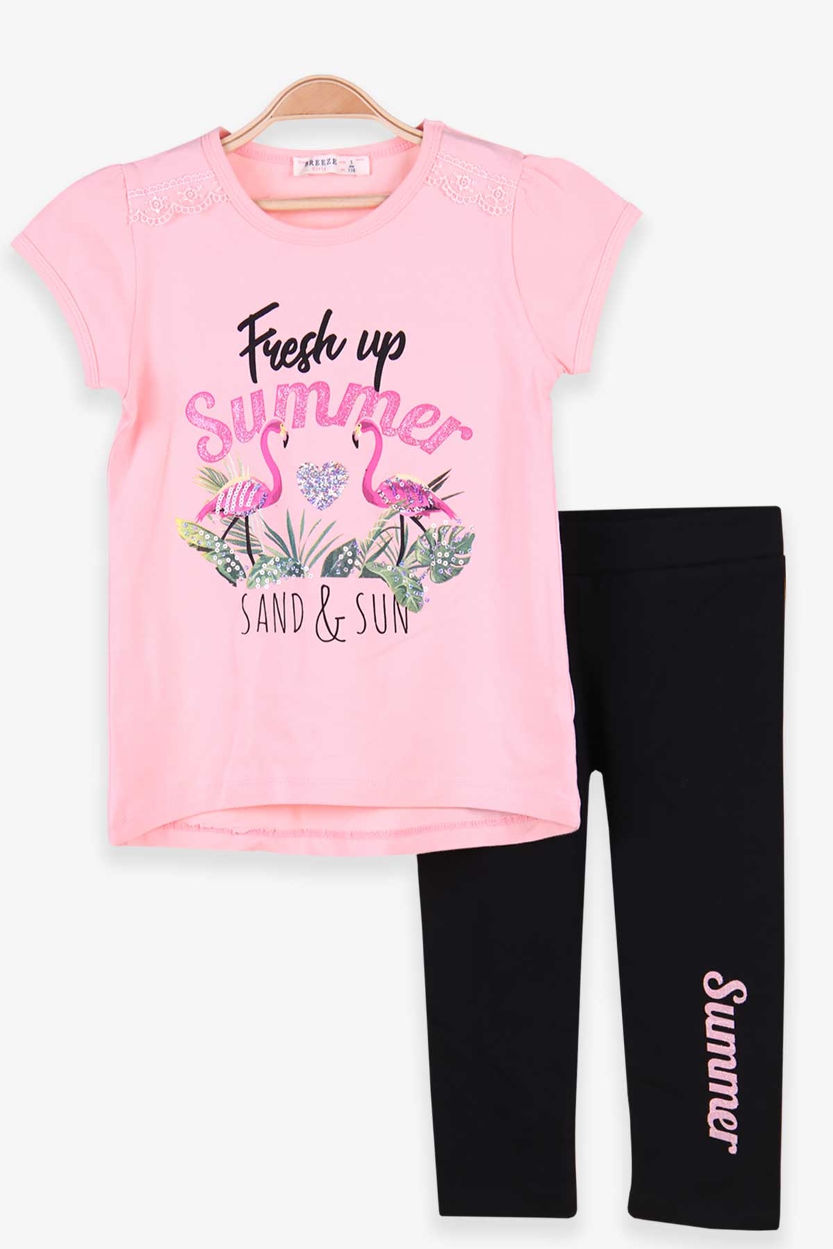 Breeze Kız Çocuk Kapri Taytlı Takım Flamingosu Pullu Yazısı Simli Somon (5 Yaş)
