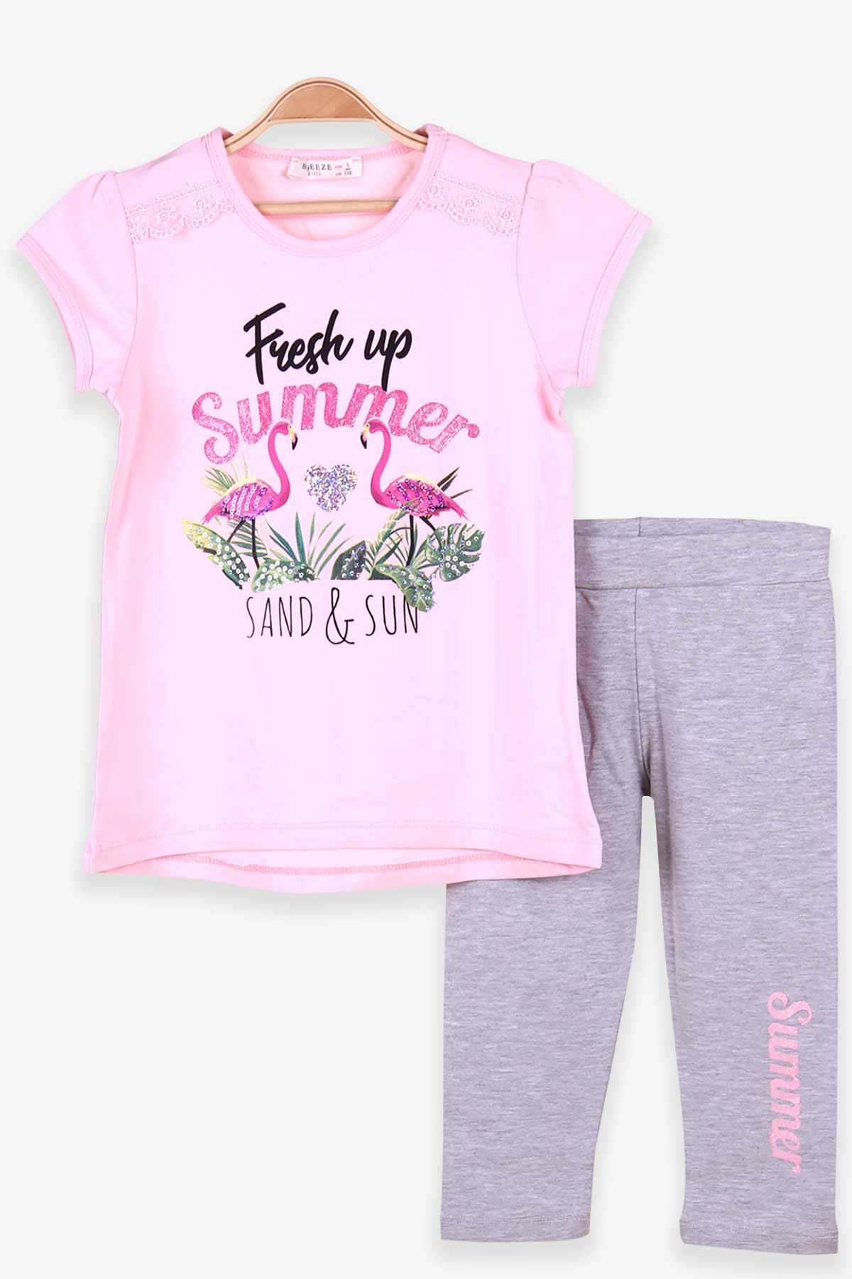 Breeze Kız Çocuk Kapri Taytlı Takım Flamingosu Pullu Yazısı Simli Pembe (5 Yaş)