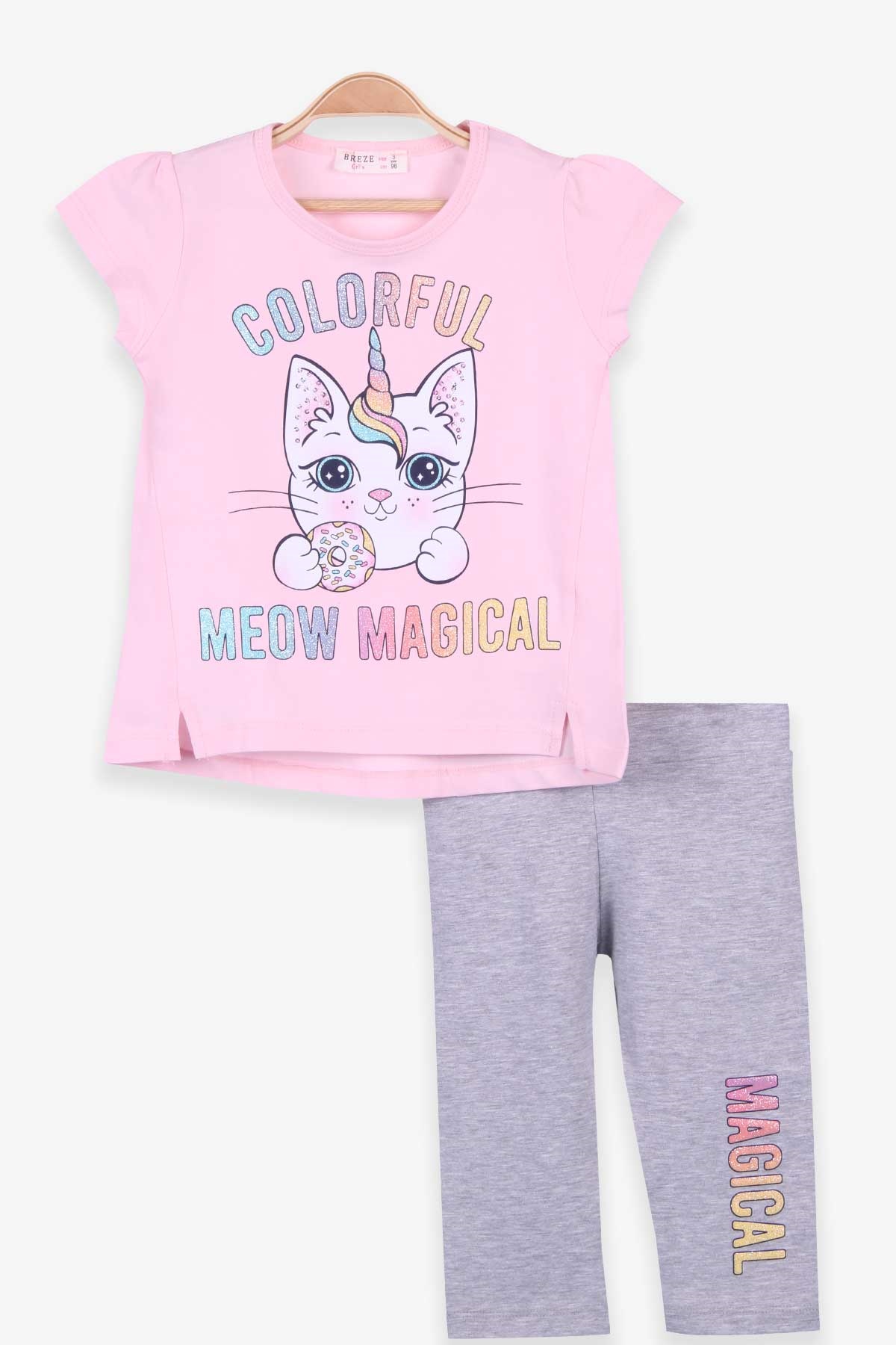 Breeze Kız Çocuk Kapri Taytlı Takım Kedi Baskılı Pudra (3-8 Yaş)
