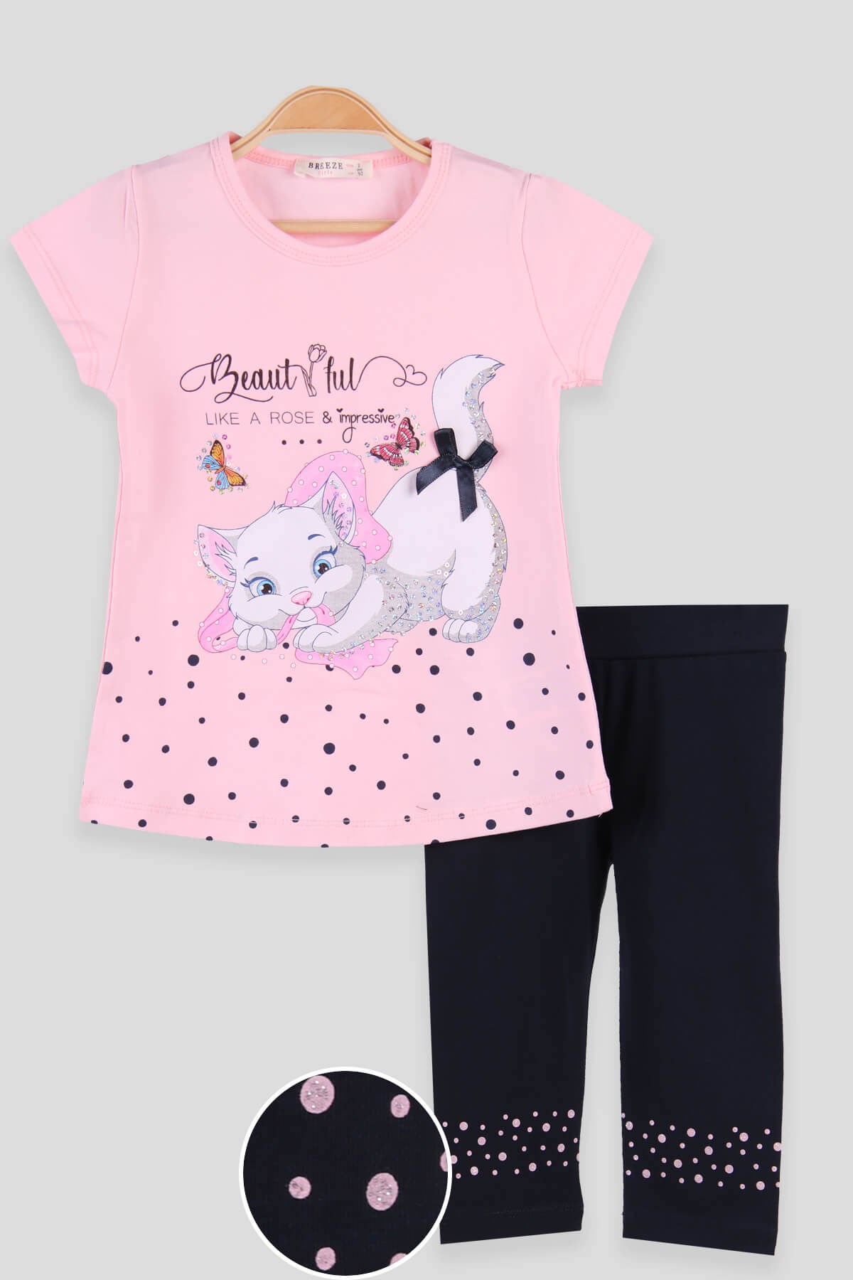 Breeze Kız Çocuk Kapri Taytlı Takım Kedisi Pullu Fiyonklu  Pembe (2-6 Yaş)