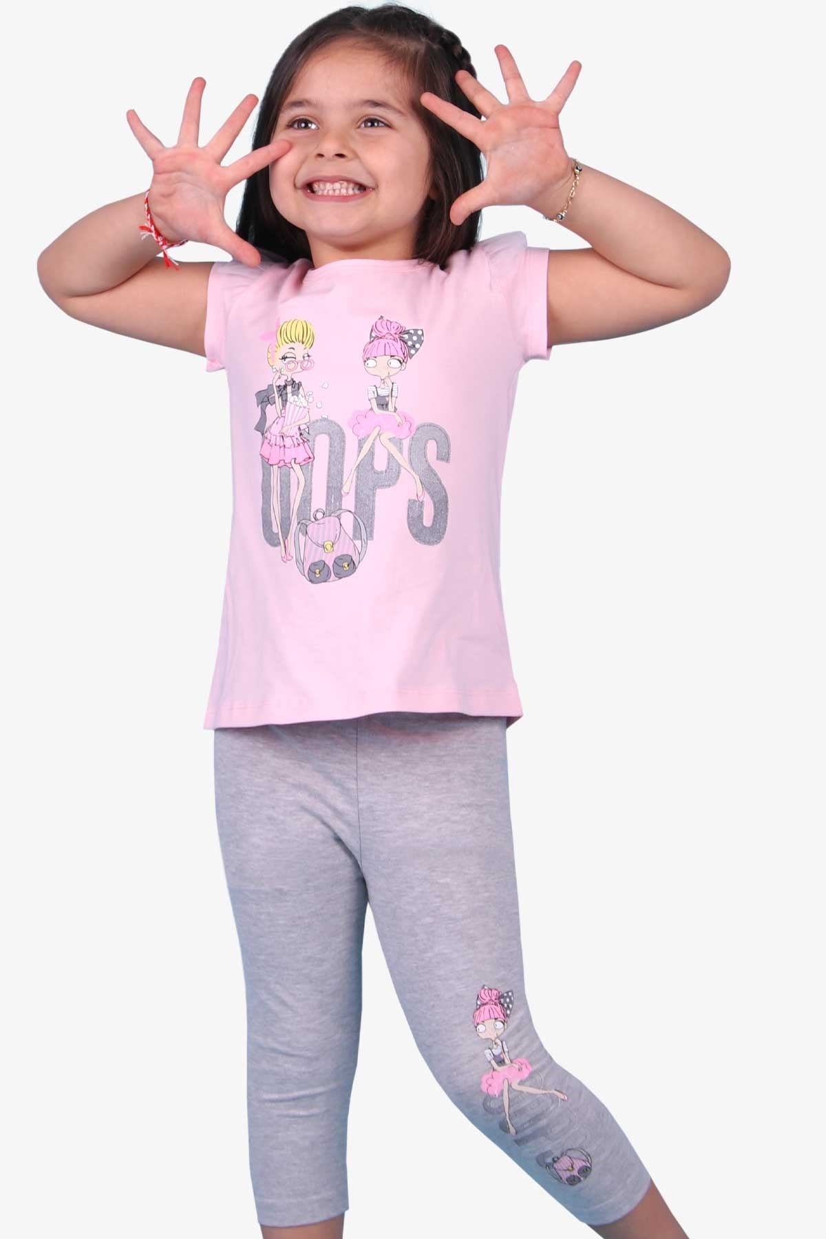 Breeze Kız Çocuk Kapri Taytlı Takım Kız Baskılı Pudra (3-8 Yaş)