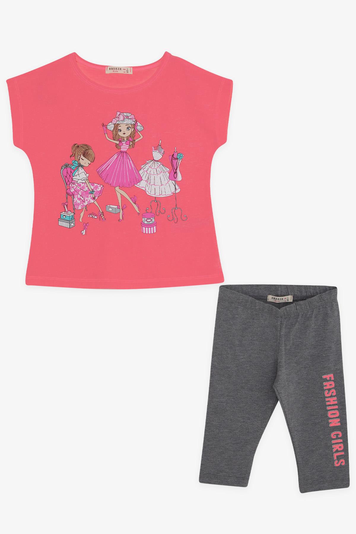 Breeze Kız Çocuk Kapri Taytlı Takım Kız Baskılı Neon Pembe (3-8 Yaş)