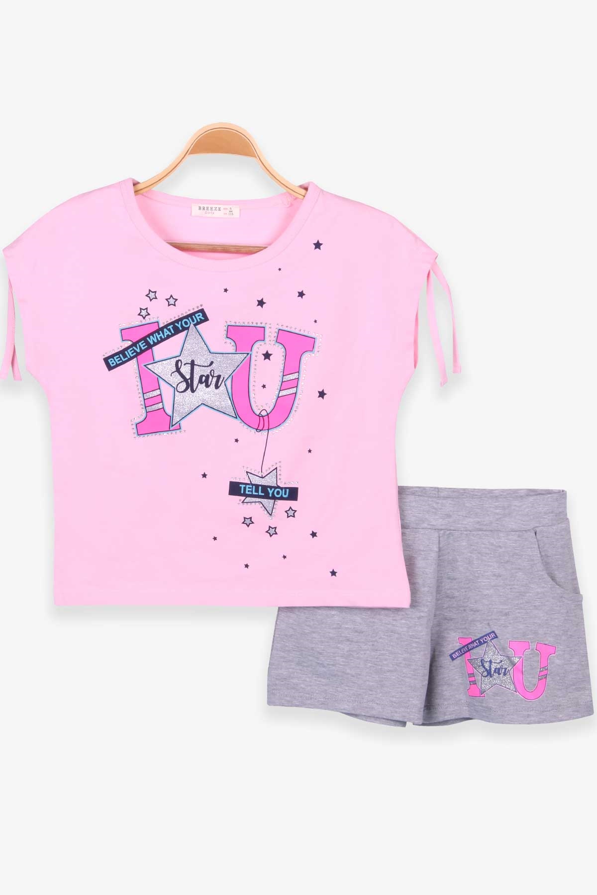 Breeze Kız Çocuk Kapri Taytlı Takım Omuzu Büzgülü Pudra (6-12 Yaş)