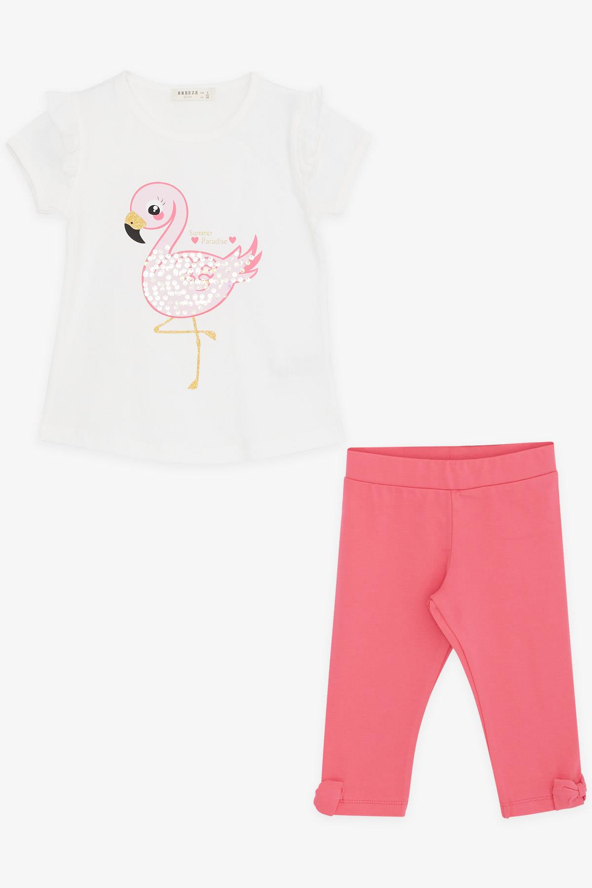 Breeze Kız Çocuk Kapri Taytlı Takım Pullu Flamingo Baskılı Ekru (1.5-5 Yaş)