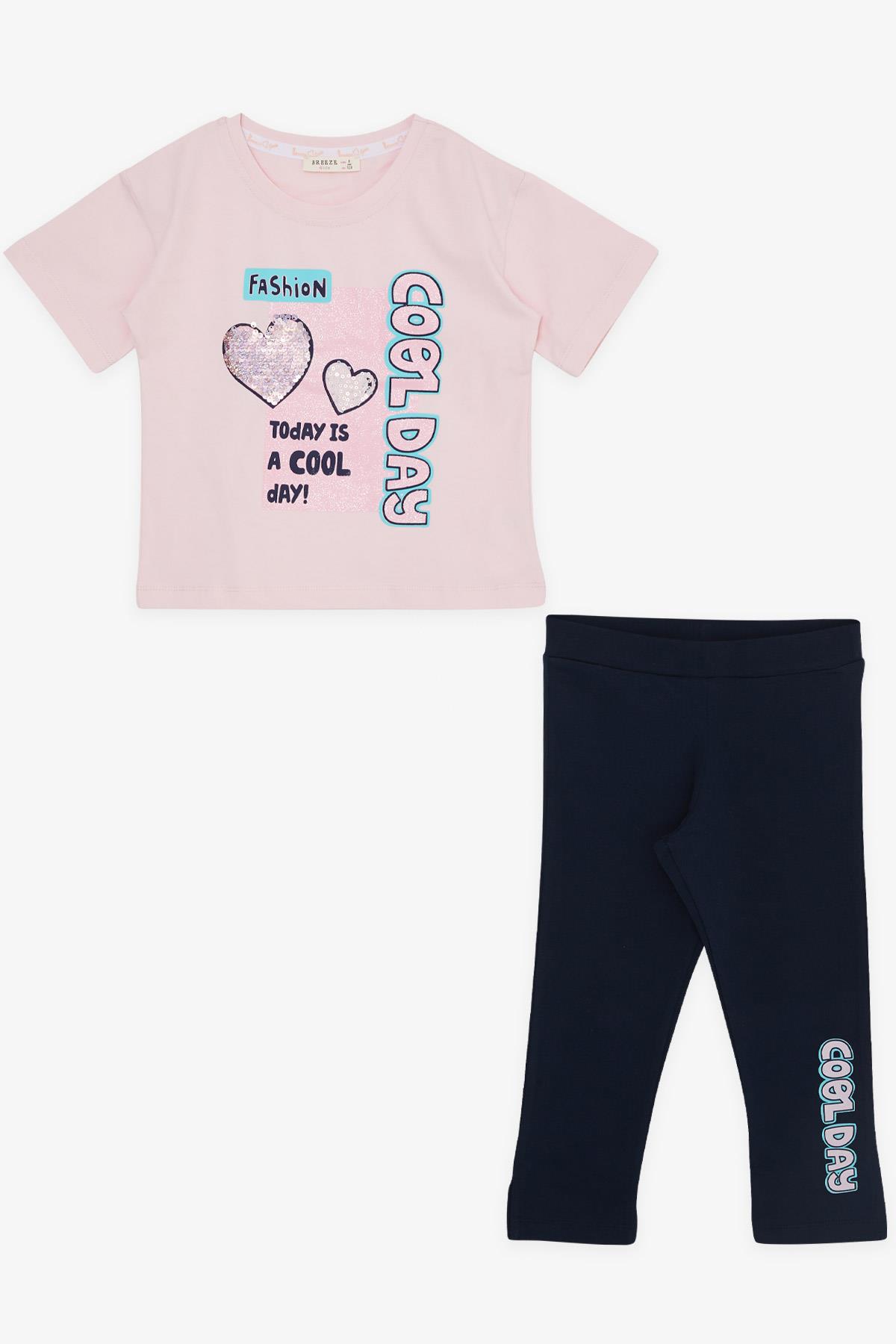 Breeze Kız Çocuk Kapri Taytlı Takım Pullu Simli Yazı Baskılı Pembe (5-10 Yaş)