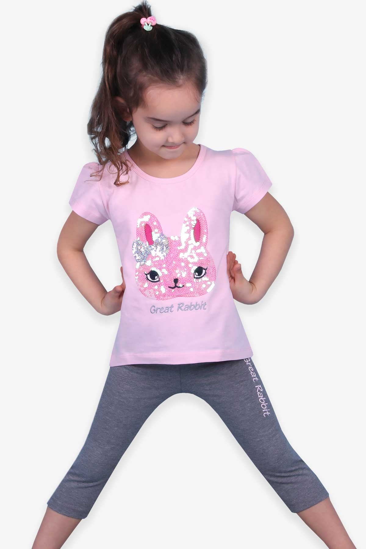 Breeze Kız Çocuk Kapri Taytlı Takım Pullu Tavşanlı Pudra (3-7 Yaş)