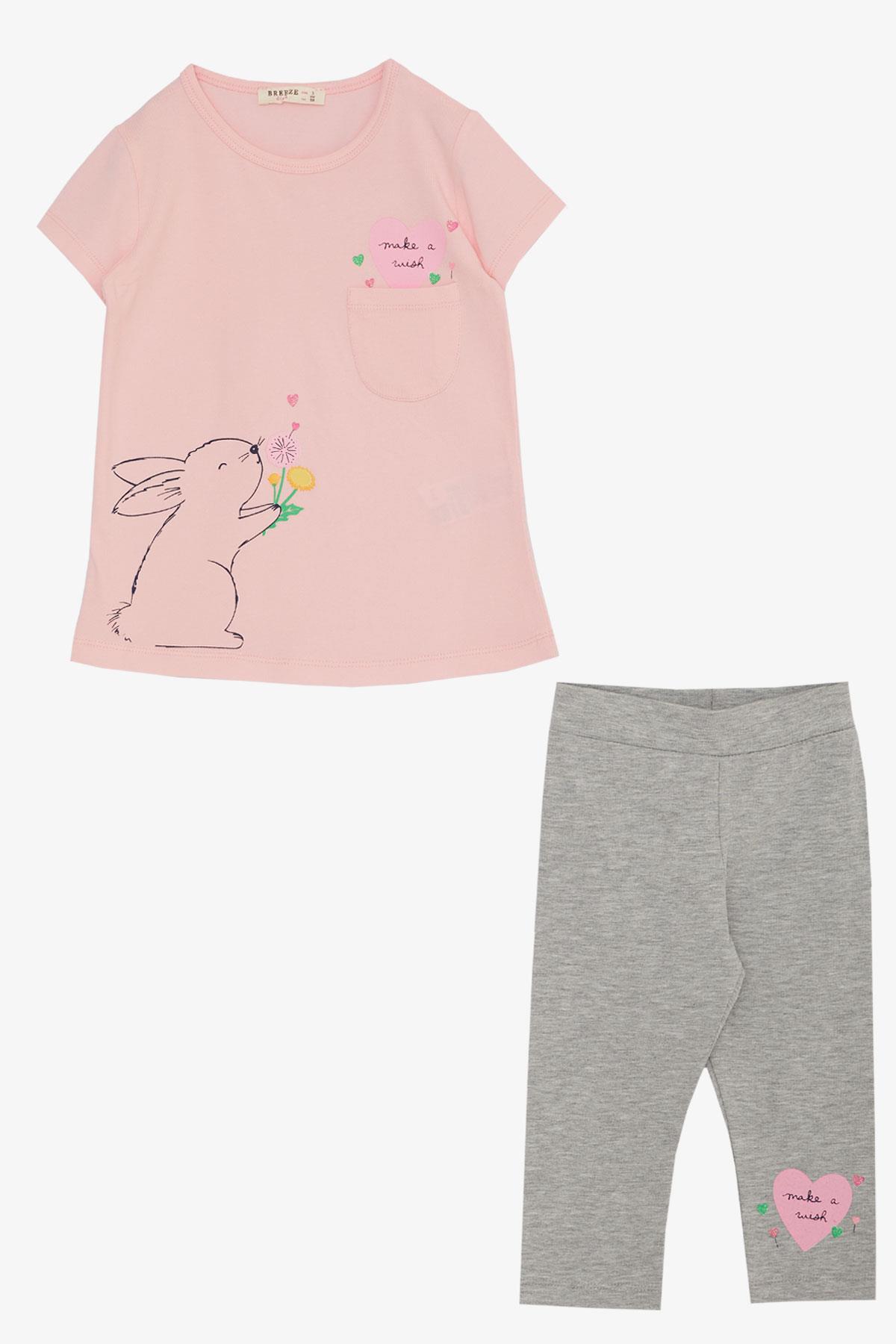 Breeze Kız Çocuk Kapri Taytlı Takım Sevgi Temalı Tavşancık Baskılı Pembe (1.5-5 Yaş)