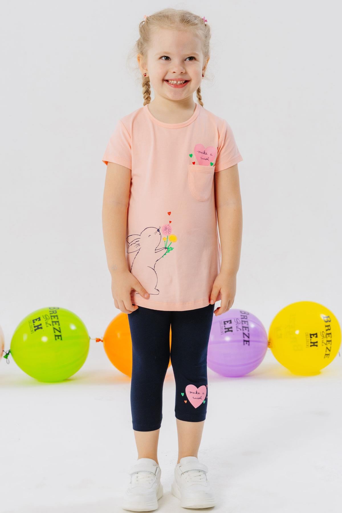 Breeze Kız Çocuk Kapri Taytlı Takım Sevgi Temalı Tavşancık Baskılı Somon (1.5-5 Yaş)
