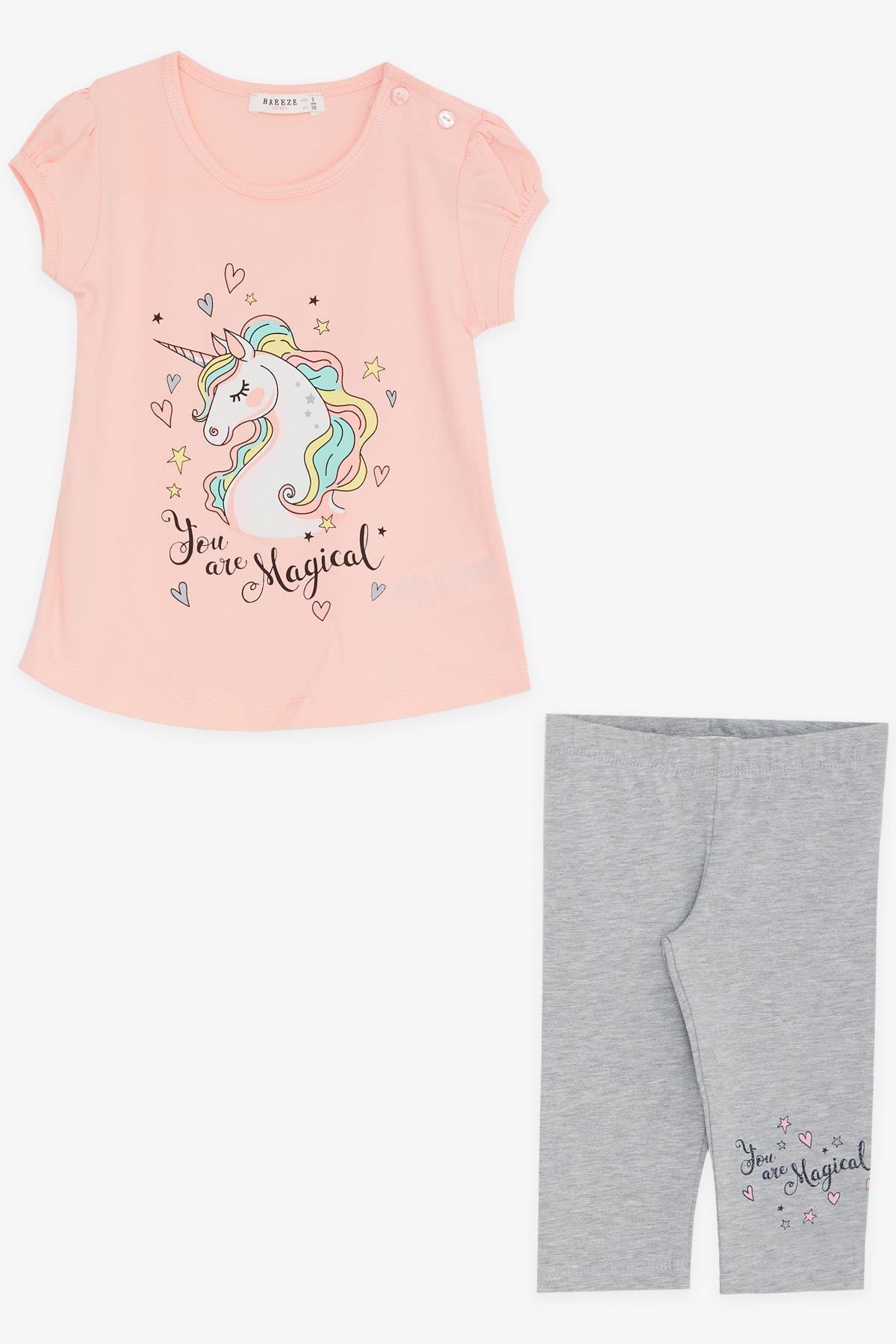 Breeze Kız Çocuk Kapri Taytlı Takım Unicorn Baskılı Somon (1.5-5 Yaş)