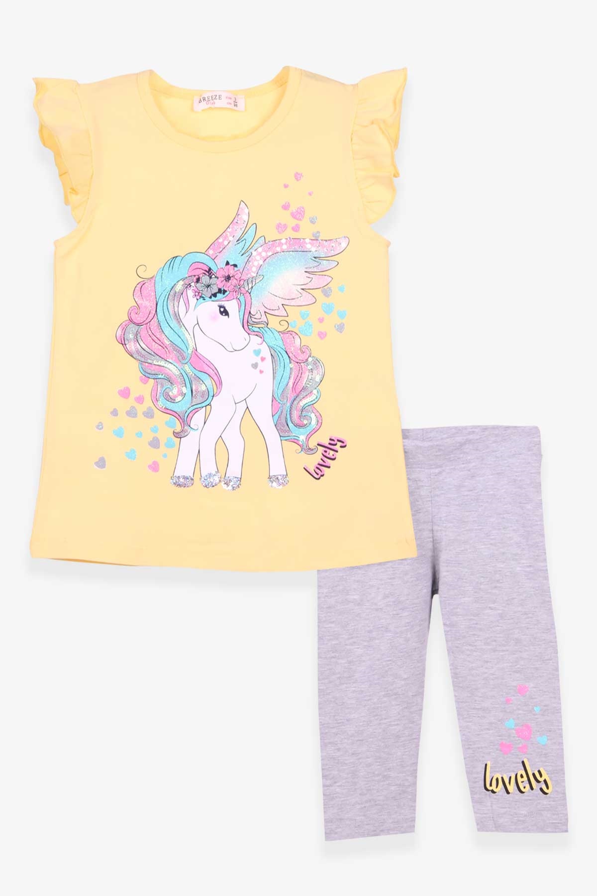 Breeze Kız Çocuk Kapri Taytlı Takım Unicorn Baskılı Sarı (2-6 Yaş)