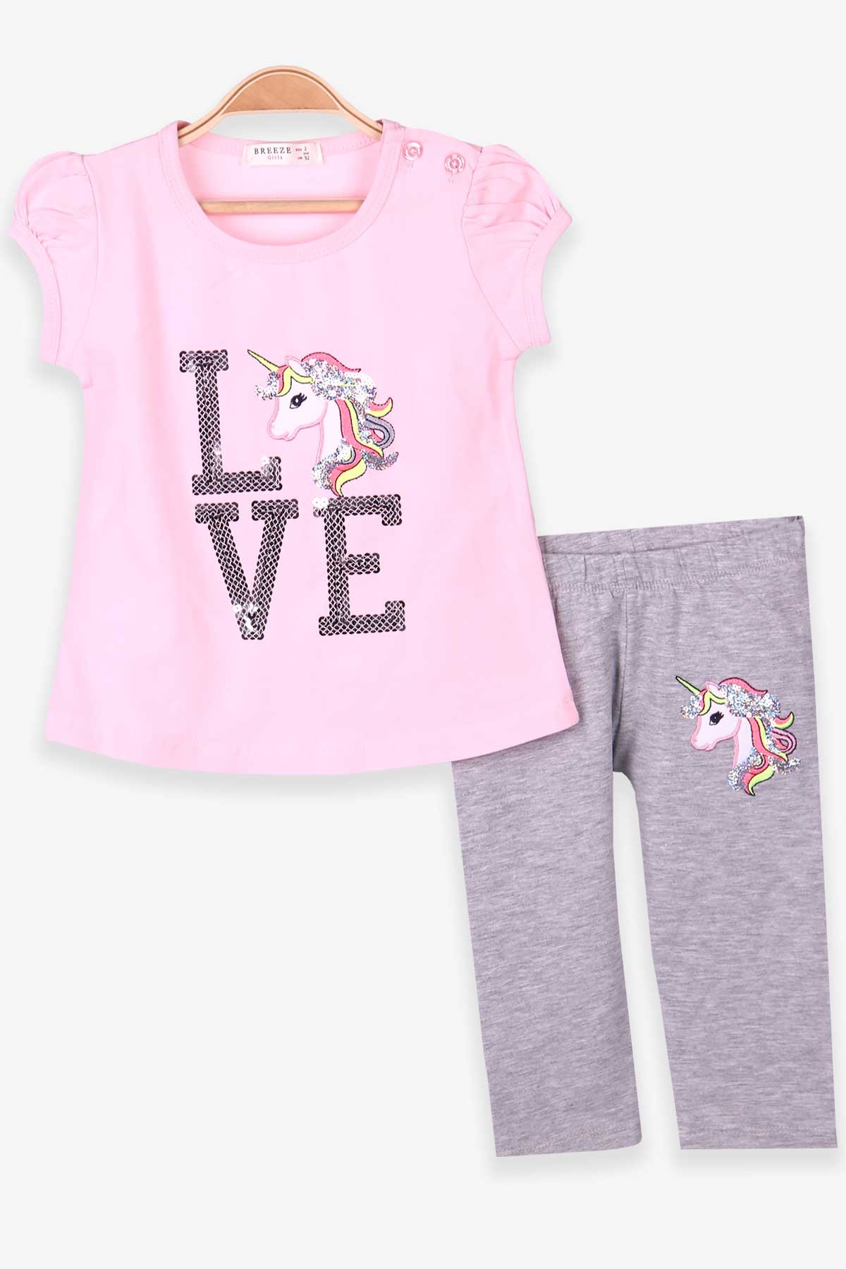 Breeze Kız Çocuk Kapri Taytlı Takım Unicorn Pudra (2-5 Yaş)