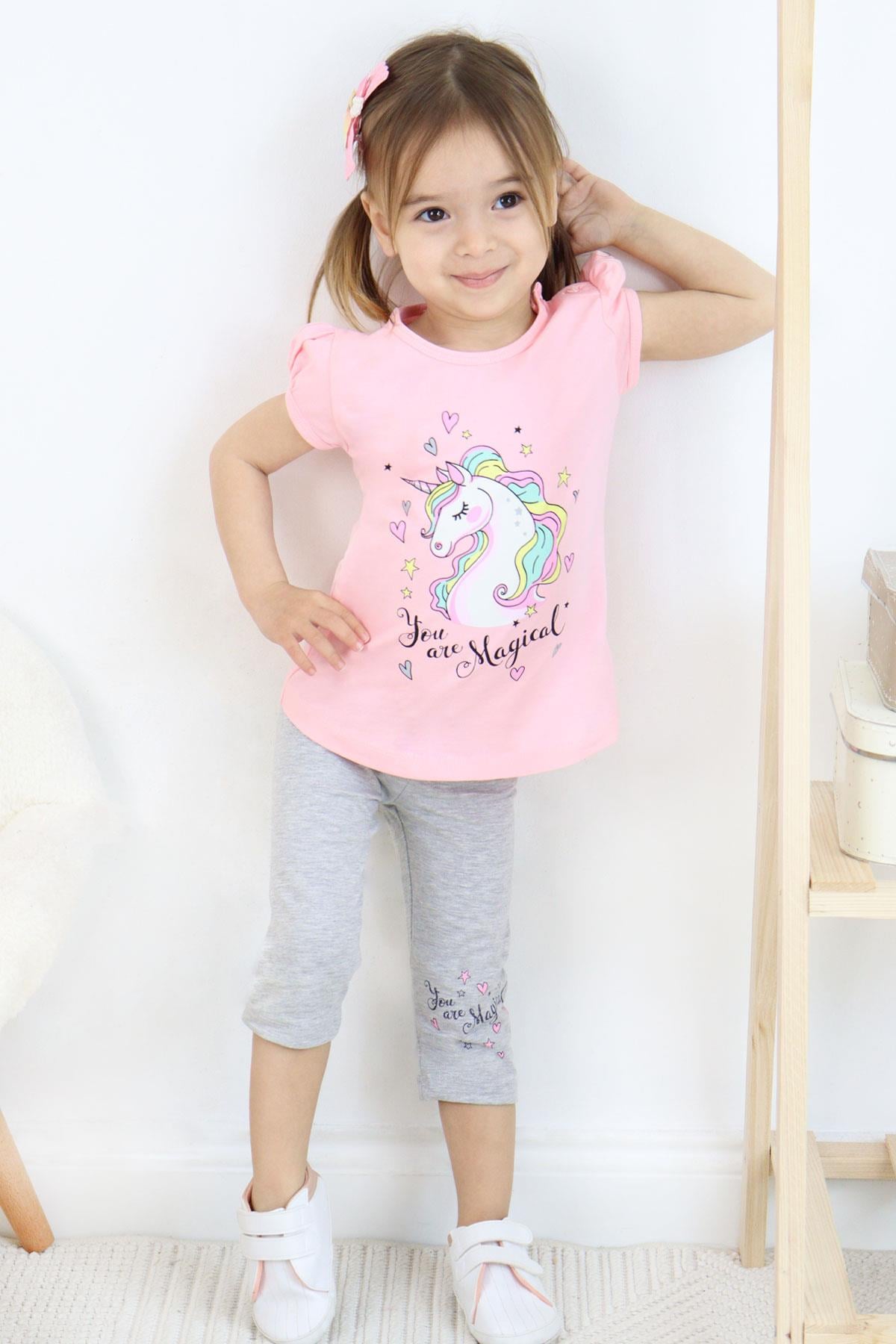 Breeze Kız Çocuk Kapri Taytlı Takım Unicorn Baskılı Pembe (1.5-4 Yaş)
