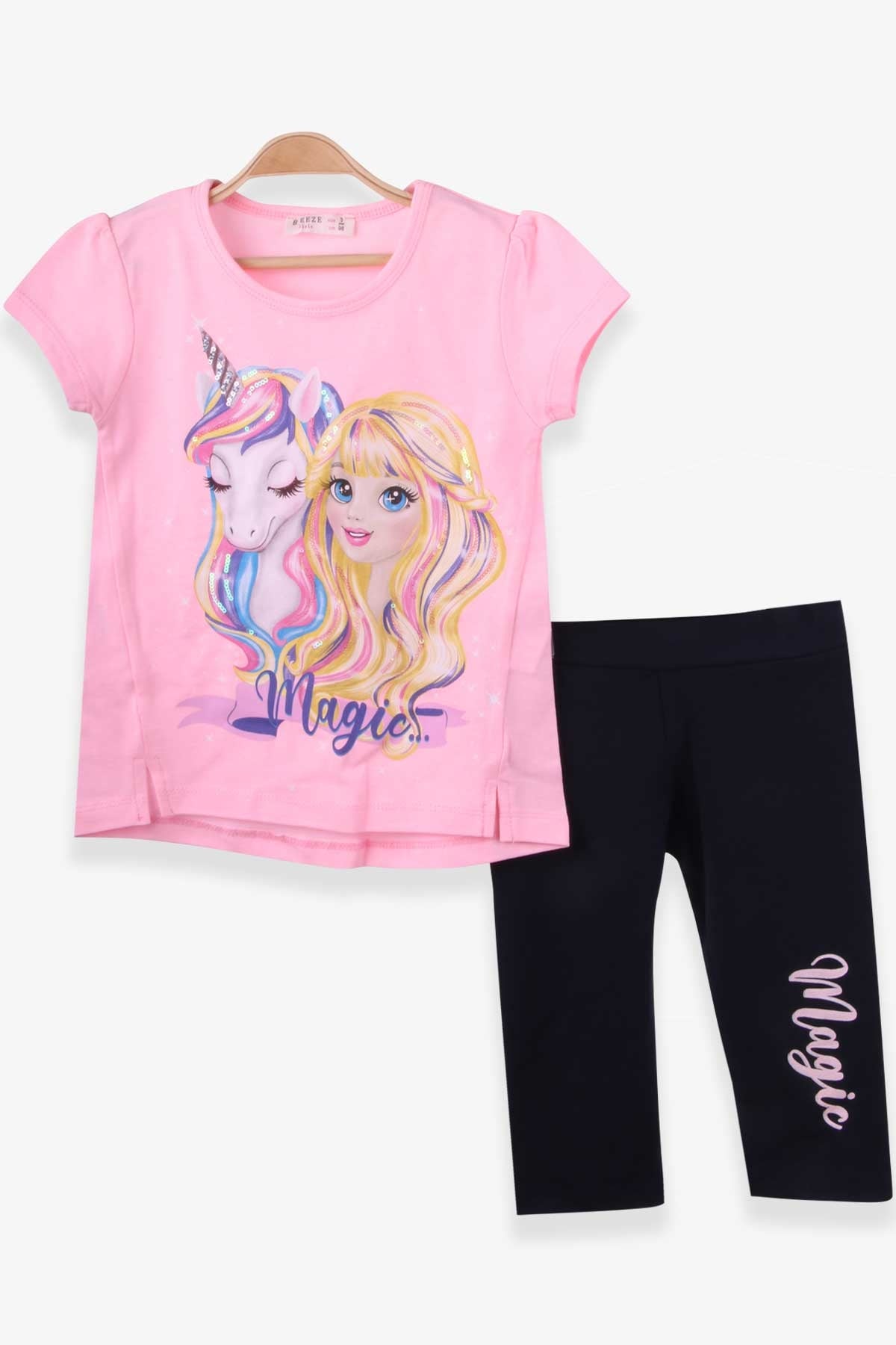 Breeze Kız Çocuk Kapri Taytlı Takım Unicorn Baskılı Pudra (3-8 Yaş)