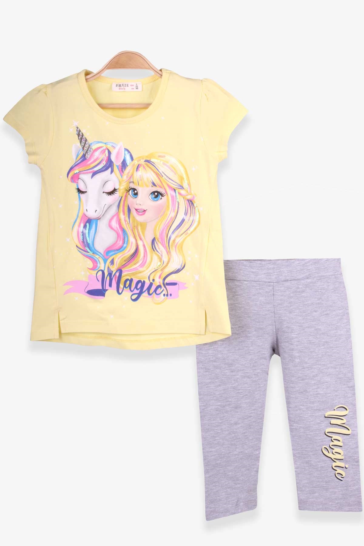 Breeze Kız Çocuk Kapri Taytlı Takım Unicorn Baskılı Sarı (3-8 Yaş)