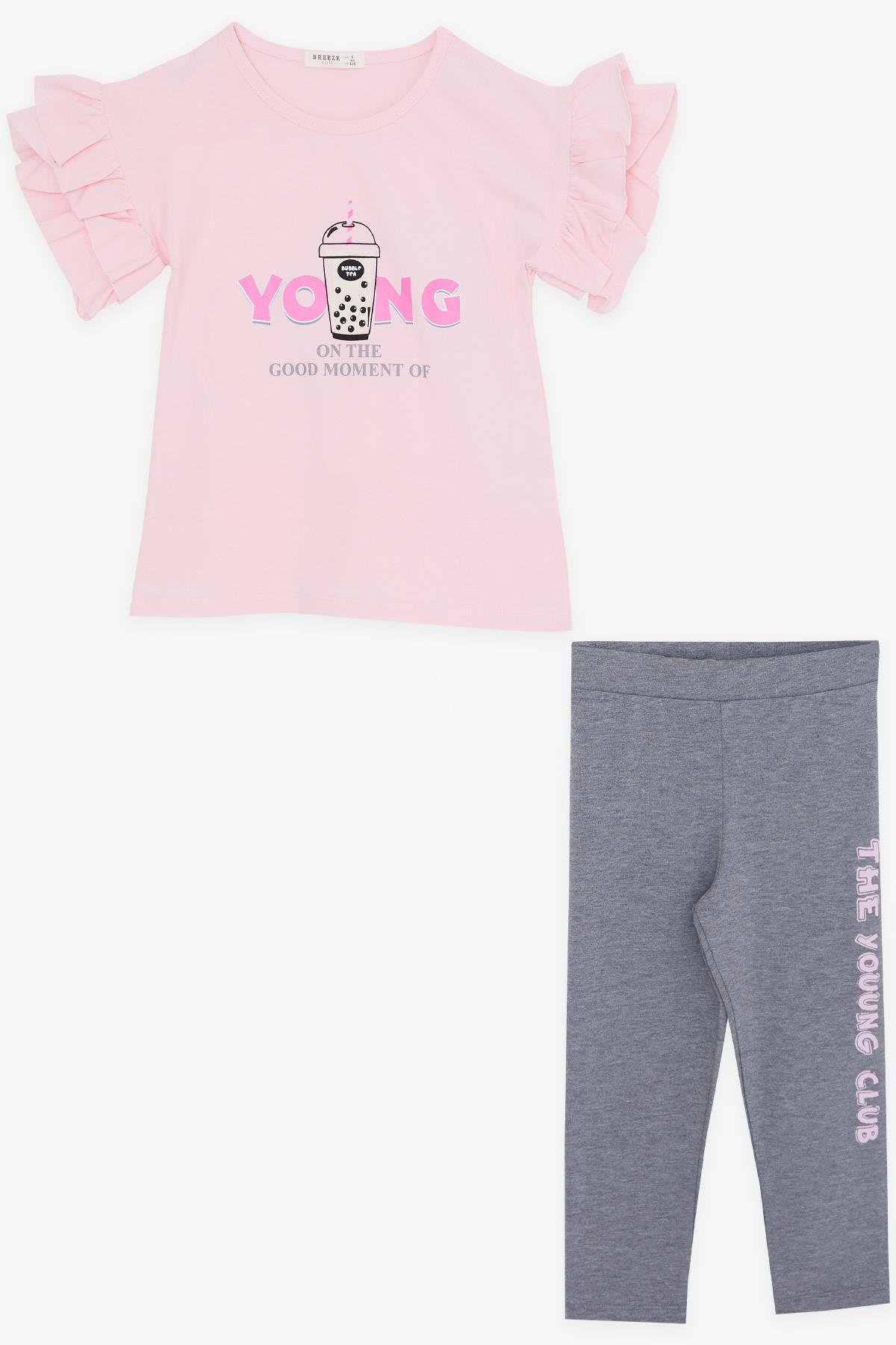 Breeze Kız Çocuk Kapri Taytlı Takım Yazı Baskılı Kolları Fırfırlı Pembe (5-10 Yaş)