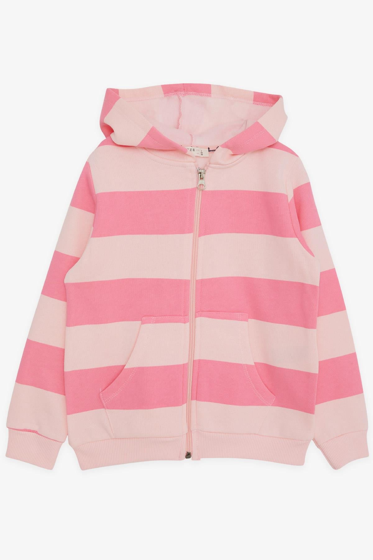 Breeze Kız Çocuk Kapüşonlu Hırka Çizgili Cepli Pembe (3-7 Yaş)