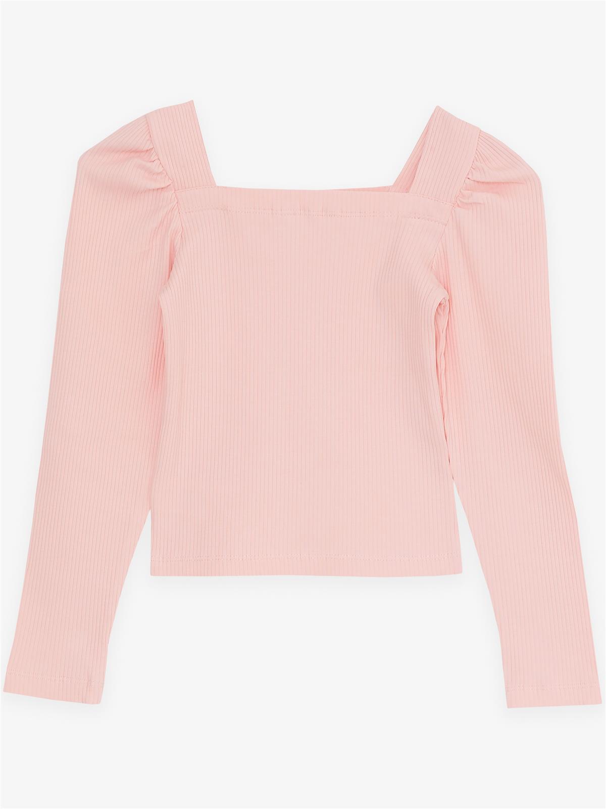 Breeze Kız Çocuk Kare Yaka Uzun Kollu Bluz Fitilli Crop Somon (8-14 Yaş)