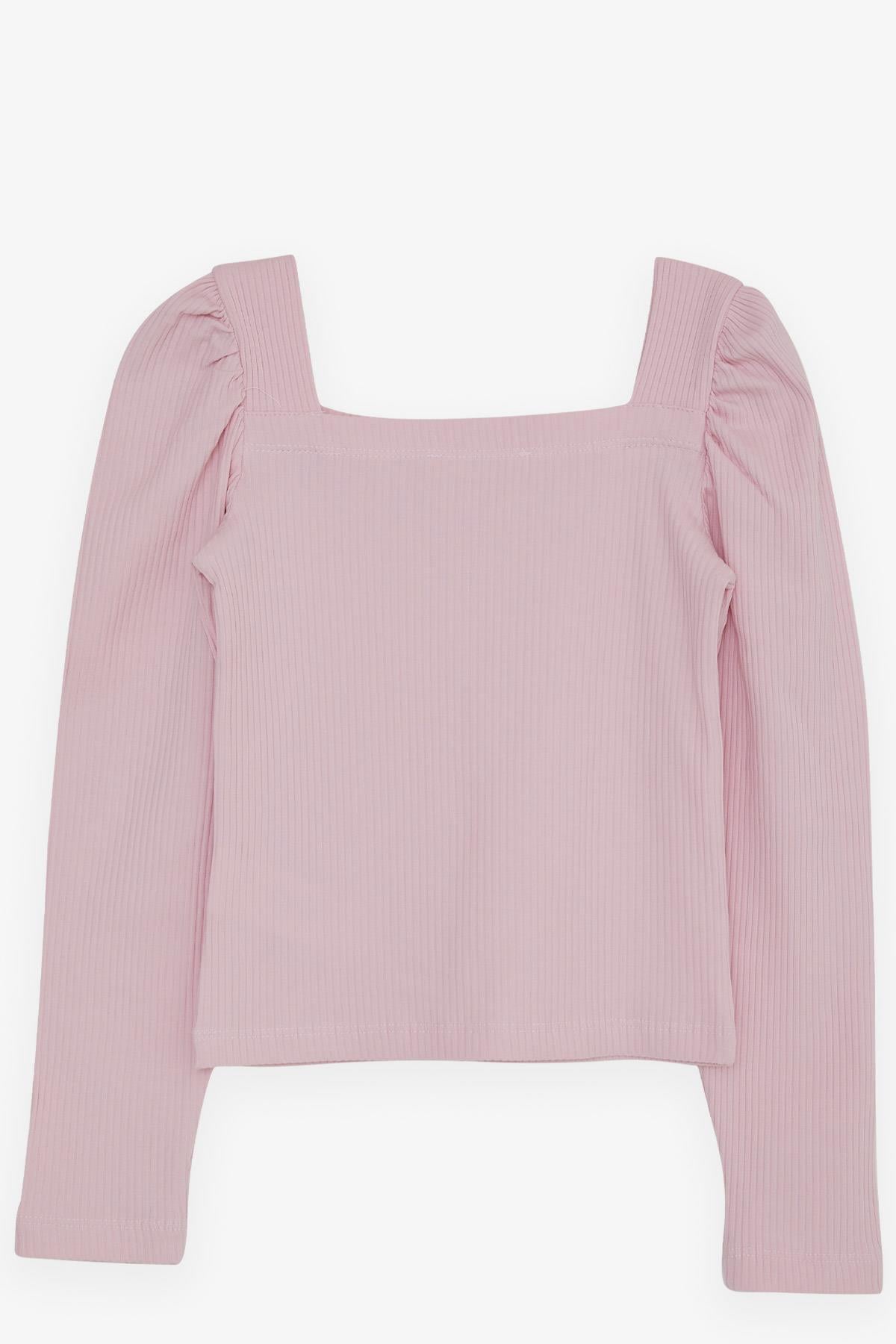 Breeze Kız Çocuk Kare Yaka Uzun Kollu Bluz Fitilli Crop Pembe (8-14 Yaş)